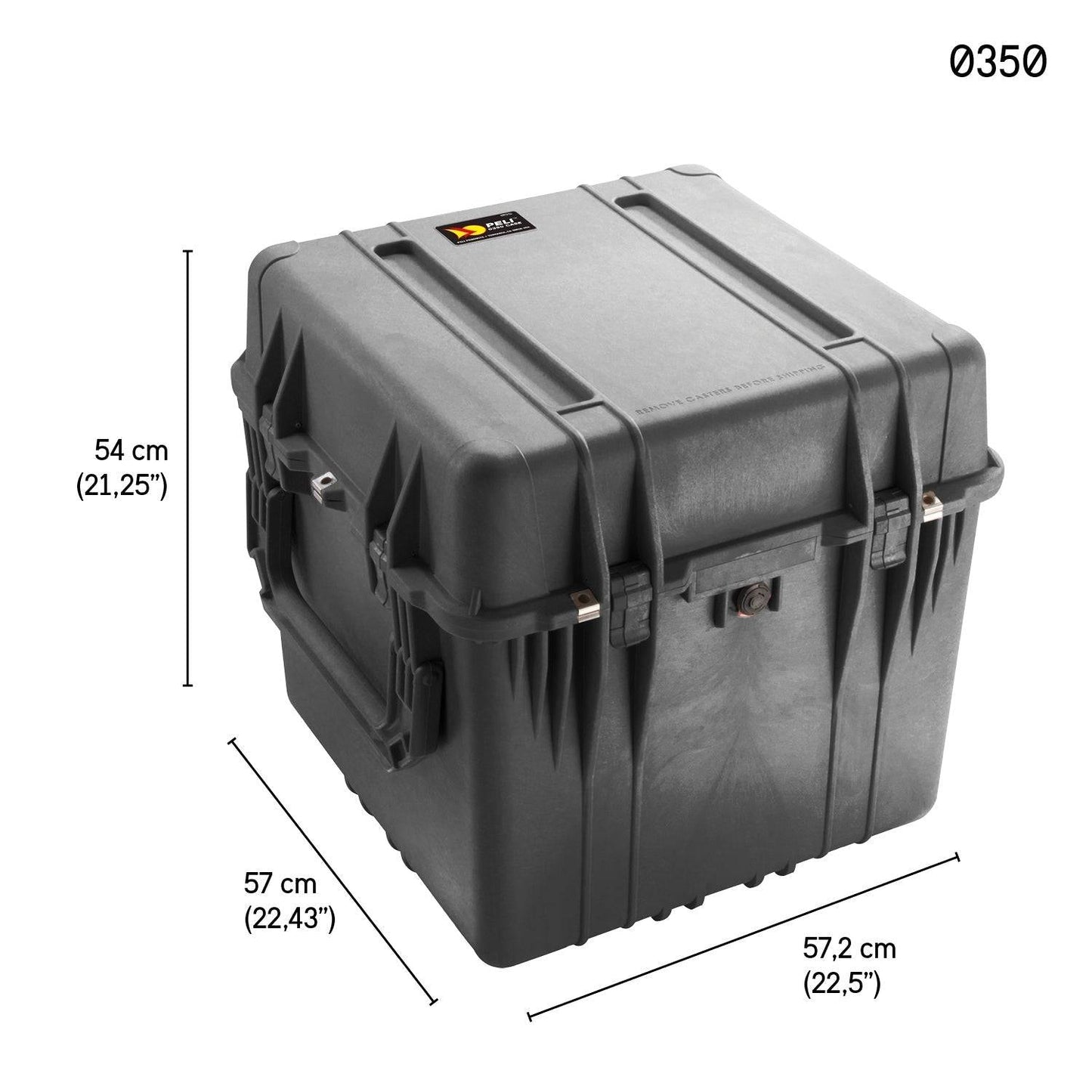 The black hard plastic 0350 Protector Cube Case features side and front handles, secure latches, and measures 54 x 57 x 57.2 cm (21.25 x 22.43 x 22.5"). This watertight case offers maximum protection for your valuables.