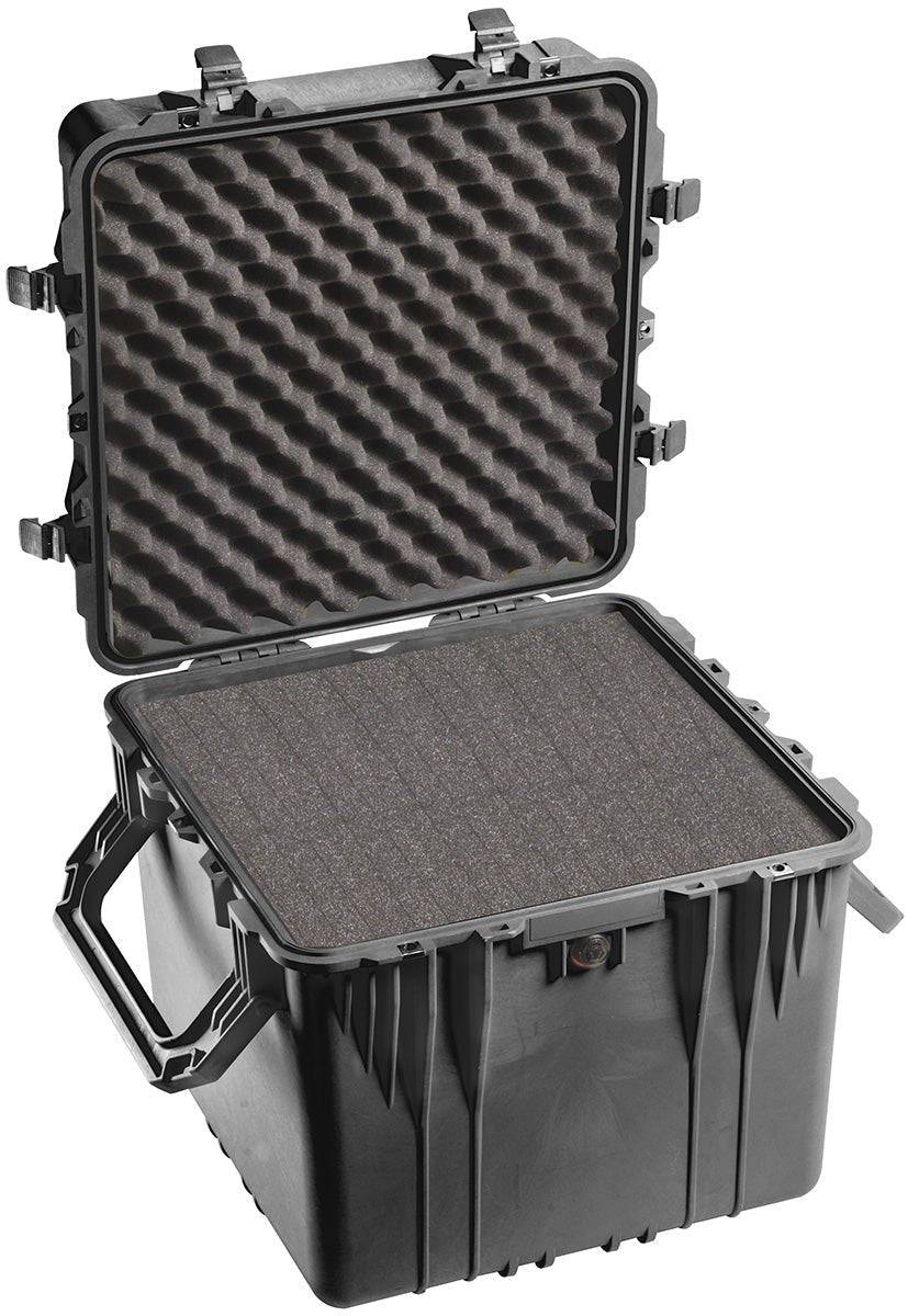 The 0350 Protector Cube Case is a black, hard plastic PELI case with foam padding, shown open with an empty interior. Its crushproof design ensures reliable protection for your valuables.