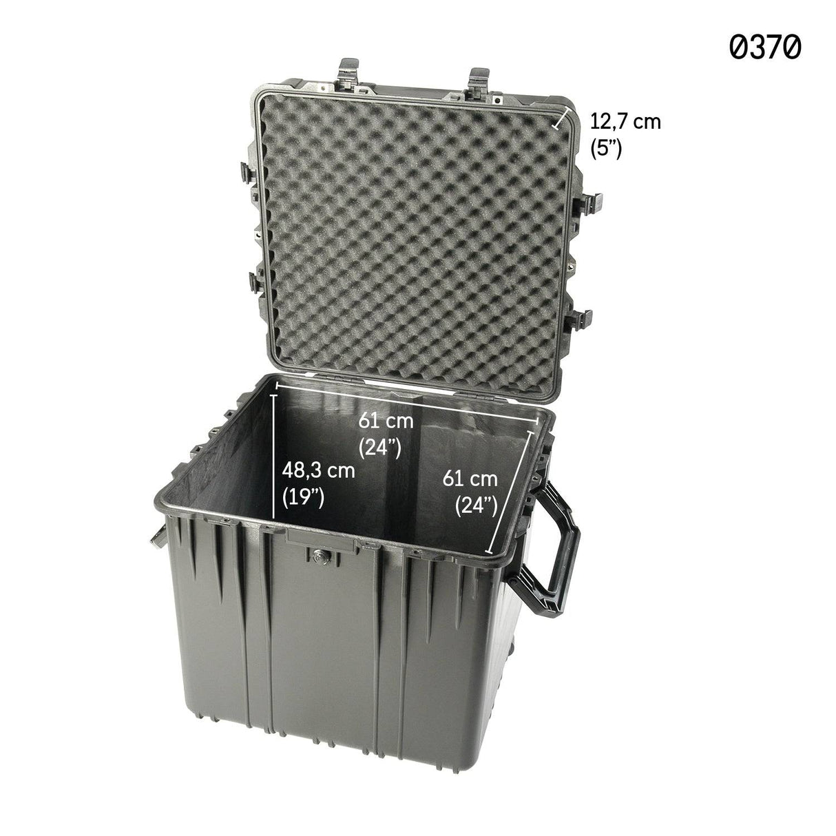 Open black 0370 Protector Cube Case with foam padding, interior dimensions 61 x 61 x 48.3 cm, and lid depth of 12.7 cm. Model number shown top right. This watertight case provides maximum protection.
