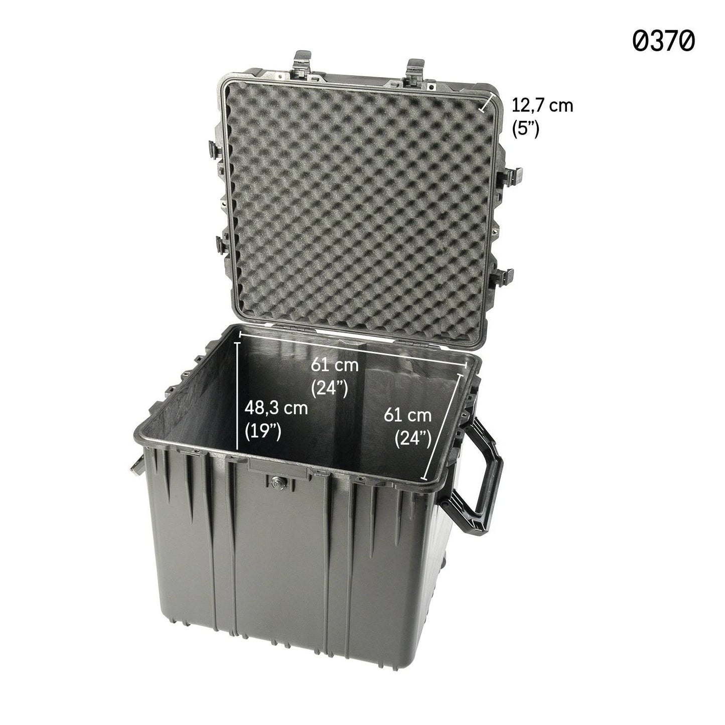 Open black 0370 Protector Cube Case with foam padding, interior dimensions 61 x 61 x 48.3 cm, and lid depth of 12.7 cm. Model number shown top right. This watertight case provides maximum protection.