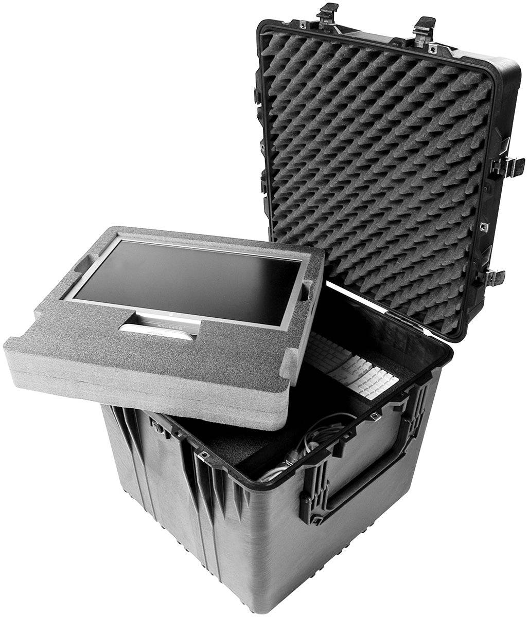 A 0370 Protector Cube Case with foam padding is open, showing a securely stored flat rectangular electronic device, such as a tablet or monitor, inside.