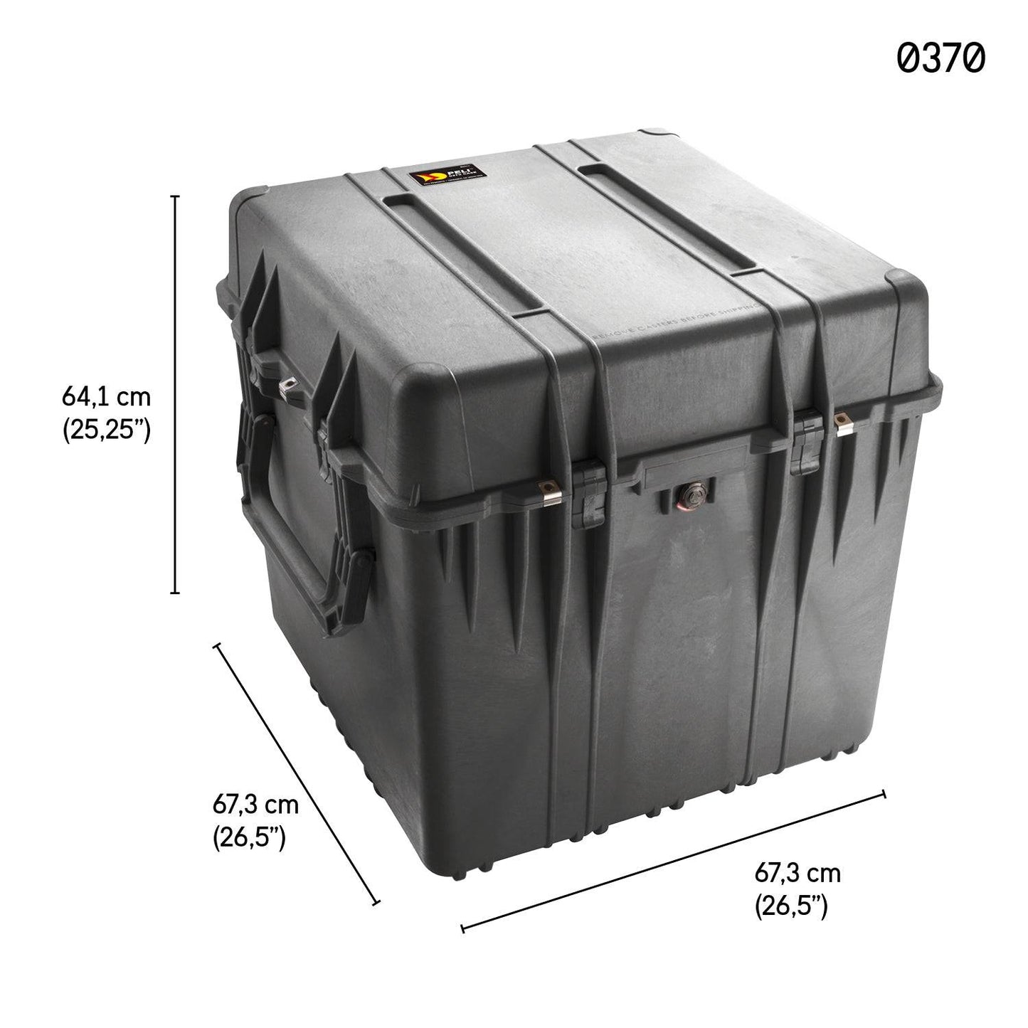 The 0370 Protector Cube Case is a black, hard-shell, watertight, and crushproof case with handles, measuring 64.1 cm x 67.3 cm x 67.3 cm.