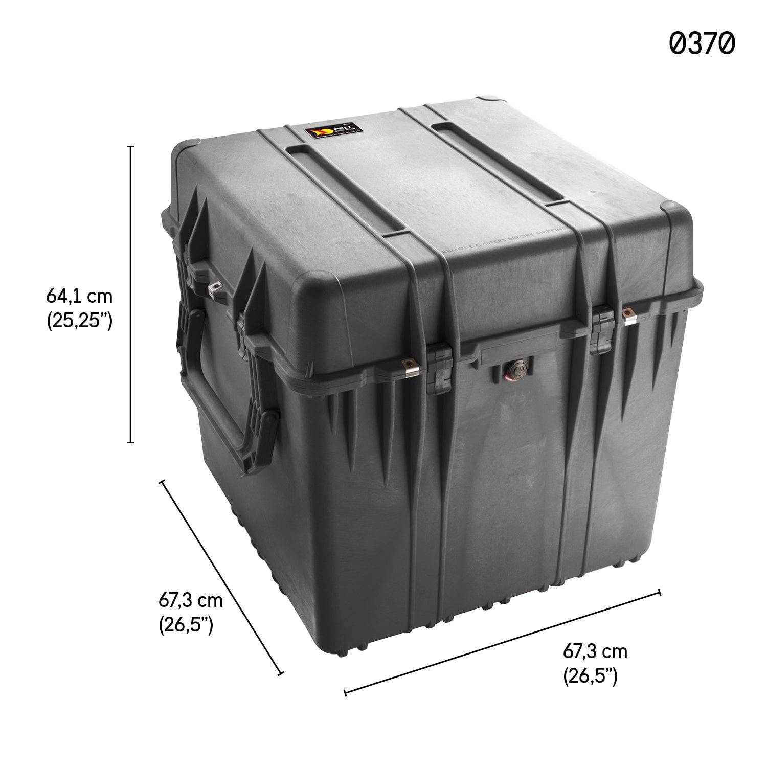 The 0370 Protector Cube Case is a black, hard-shell, watertight, and crushproof case with handles, measuring 64.1 cm x 67.3 cm x 67.3 cm.