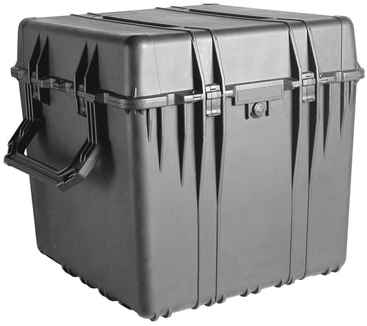 The 0370 Protector Cube Case is a large, hard-shell PELI case with a handle and secure latches, built crushproof to transport or store sensitive equipment safely.