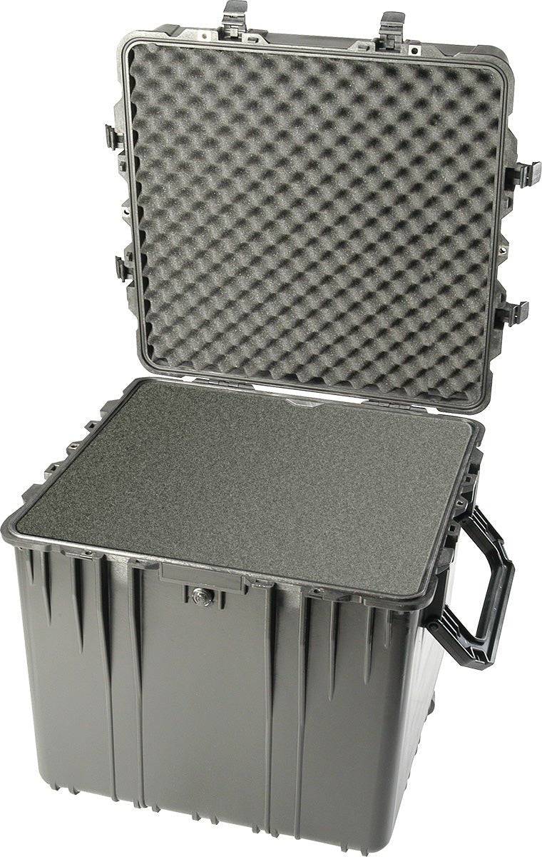 The 0370 Protector Cube Case is a large, black hard-shell case with foam padding and an upright lid, shown open; this crushproof case offers superior protection for your valuables.