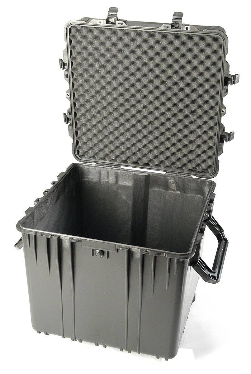 The 0370 Protector Cube Case is a large, hard plastic PELI case with an open hinged lid, featuring foam padding inside the top and an empty main compartment; its crushproof design keeps your gear protected.