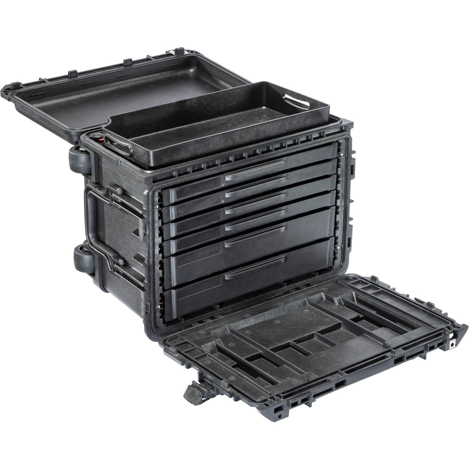 The 0450 Protector Mobile Tool Chest is a black hard-shell case with an open lid and front panel, offering multiple removable drawers and compartments for organized tool storage.