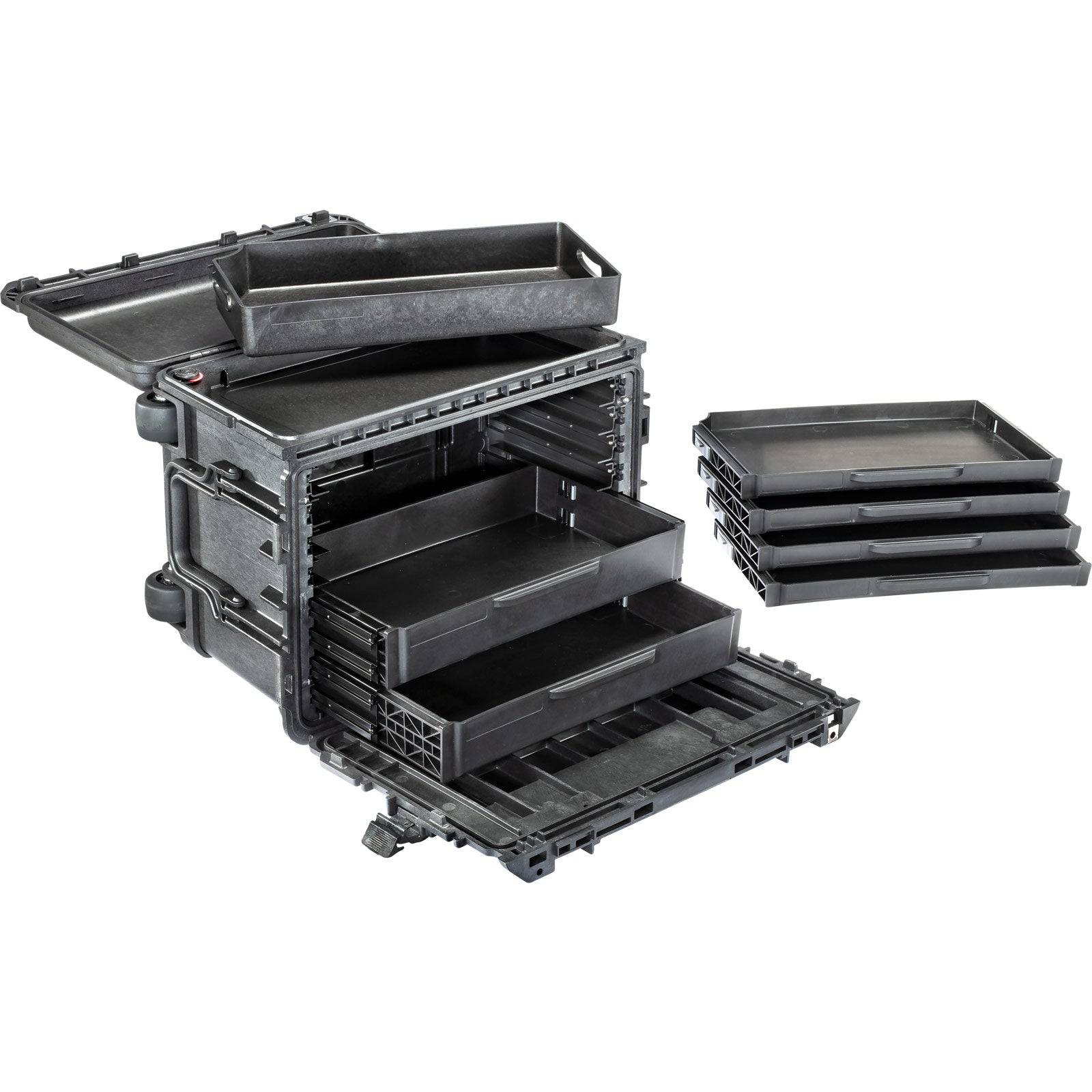 The 0450 Protector Mobile Tool Chest is shown with its hard plastic front open, revealing multiple removable tool drawers that are partially pulled out and neatly stacked beside the chest.