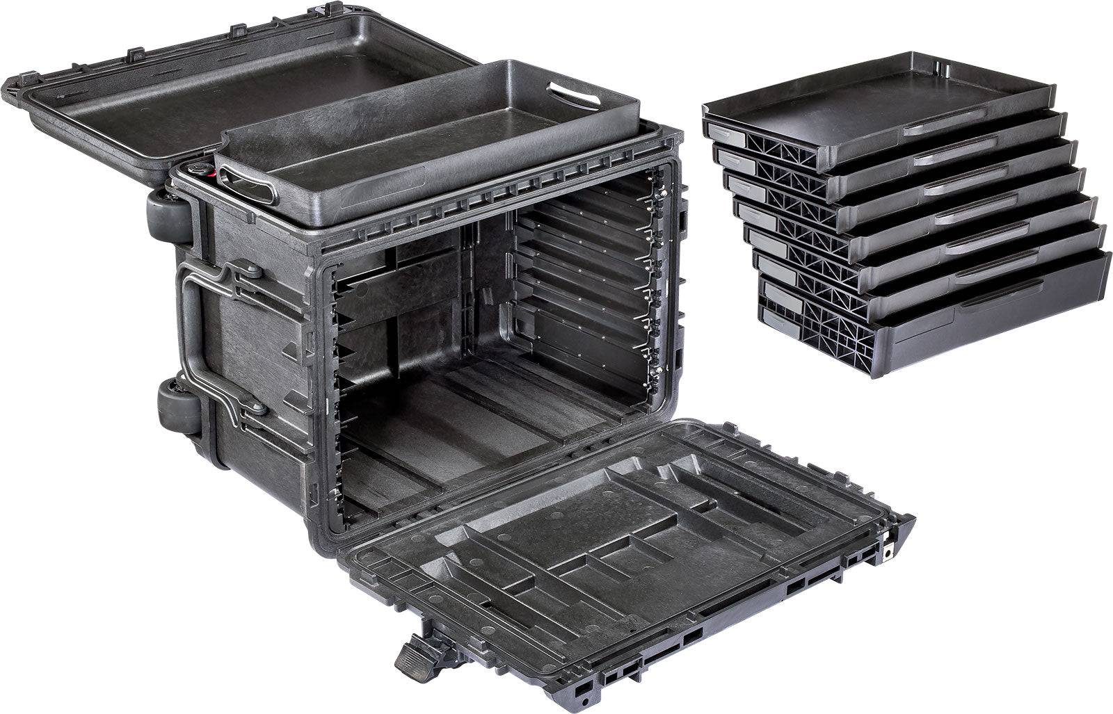 The 0450 Protector Mobile Tool Chest, shown in black with front and top lids open and six removable drawers alongside it, features an aluminum rail slide system for smooth drawer access.
