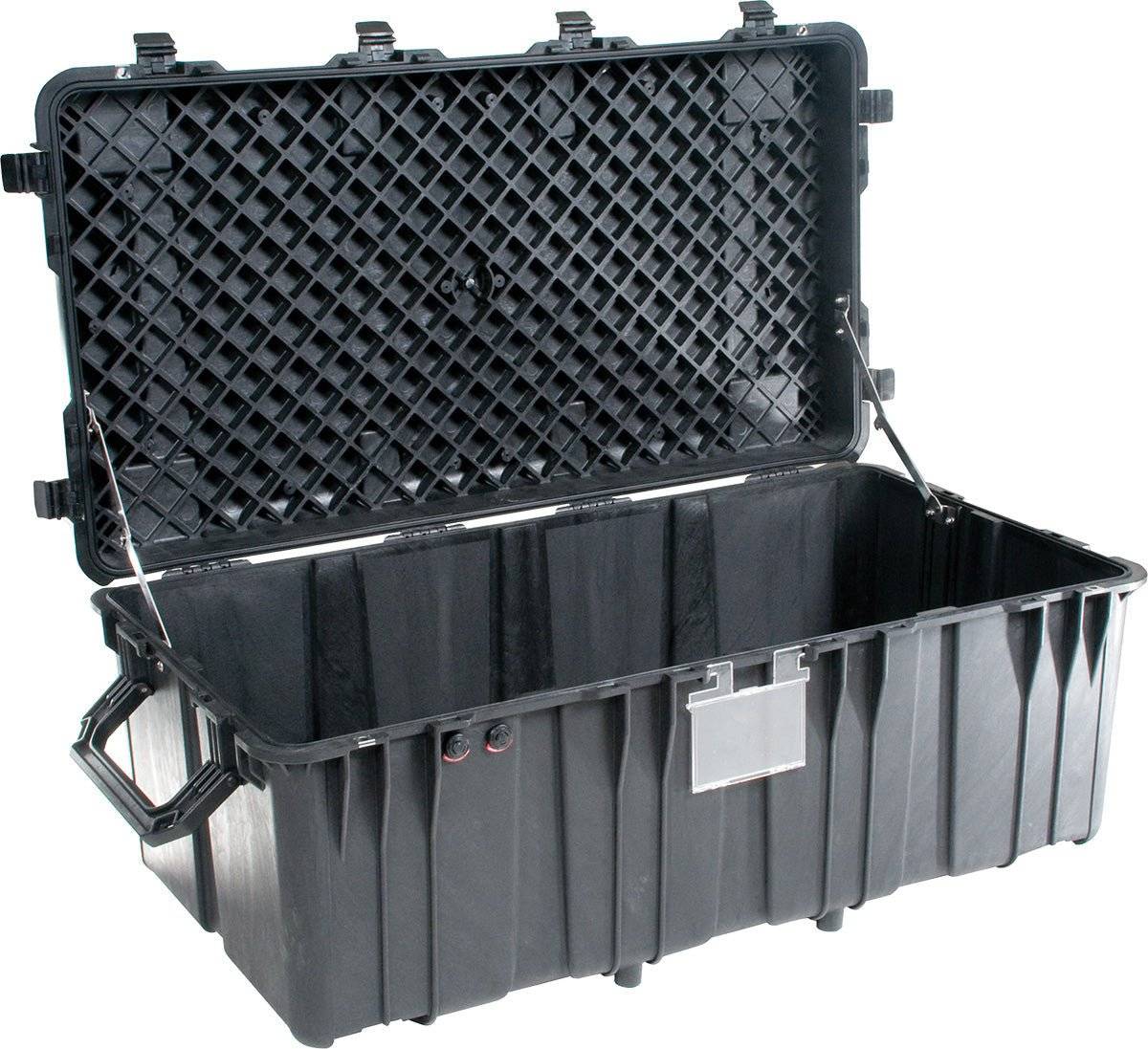 The 0550 Protector Transport Case is a large, black, hard plastic waterproof case with a hinged lid, metal latches, side handles, and an empty interior—perfect for storing heavy equipment or use as a rugged military pallet case.