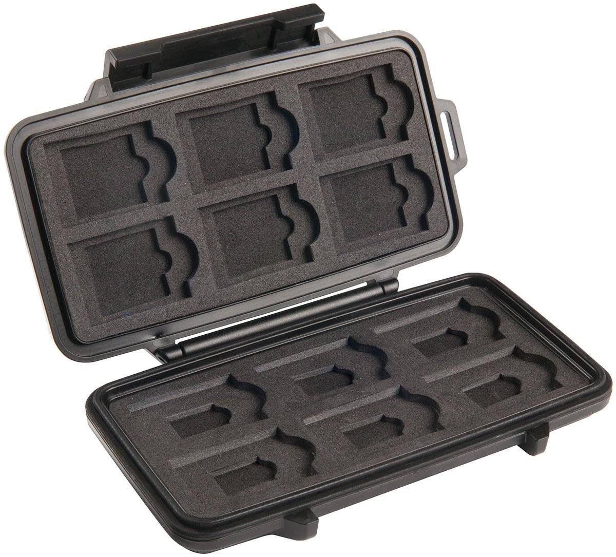 The 0915 PELI Micro™ Memory Card Case, made of black hard plastic, is shown open with foam slots that securely hold up to eight SD memory cards.
