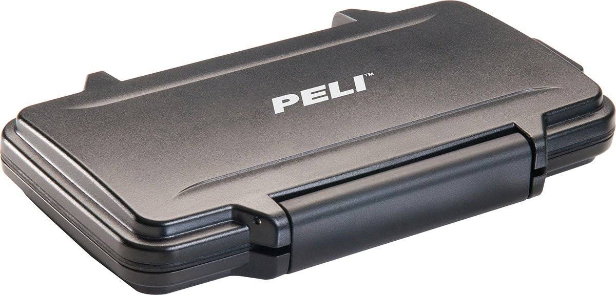 A closed black 0915 PELI Micro™ Memory Card Case with a secure latch is shown at an angle—ideal as a waterproof SD card case to keep your memory cards protected.