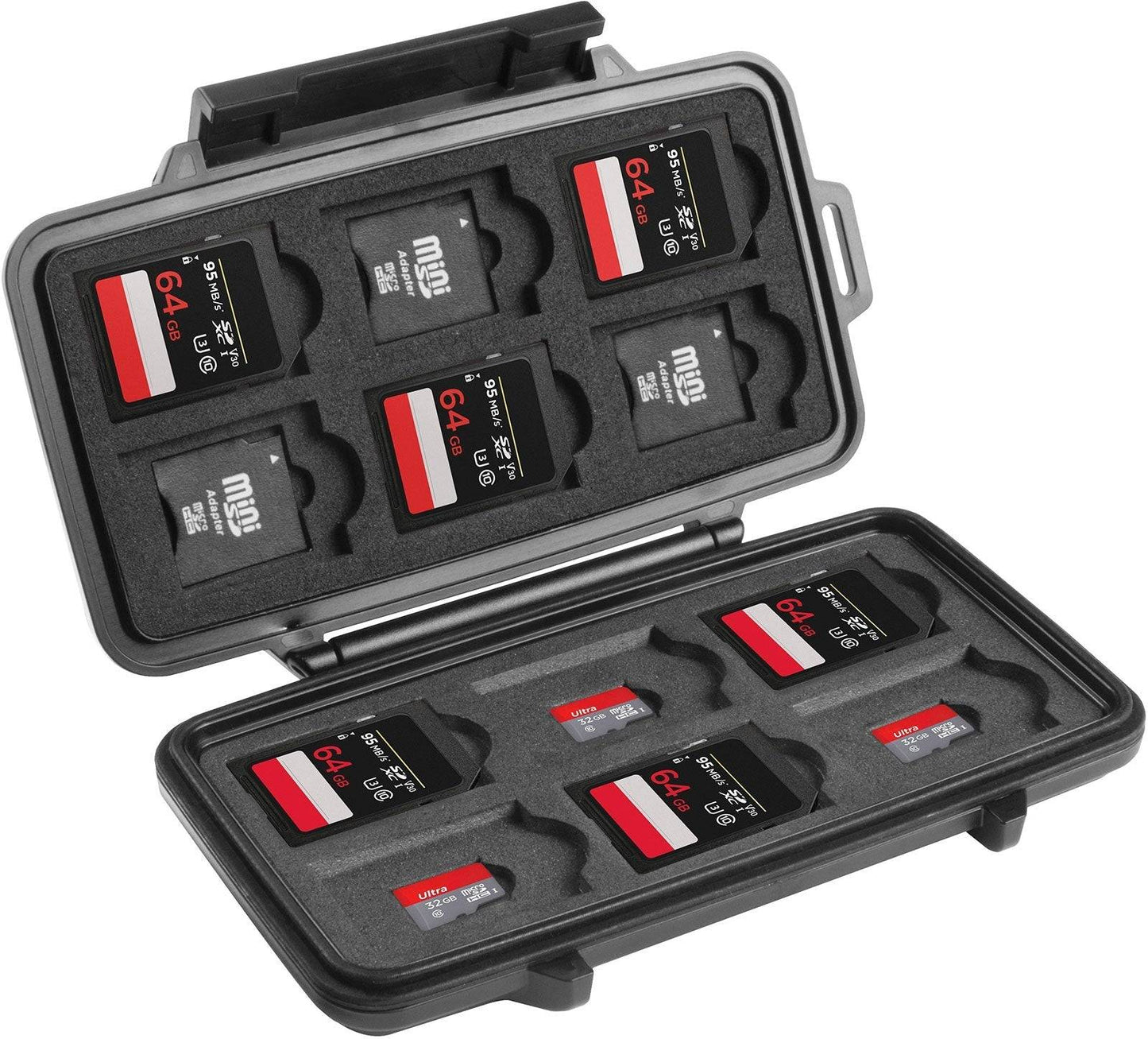 The 0915 PELI Micro™ Memory Card Case is a black, waterproof case that securely holds eight 64GB SD cards and four microSD cards in foam slots.