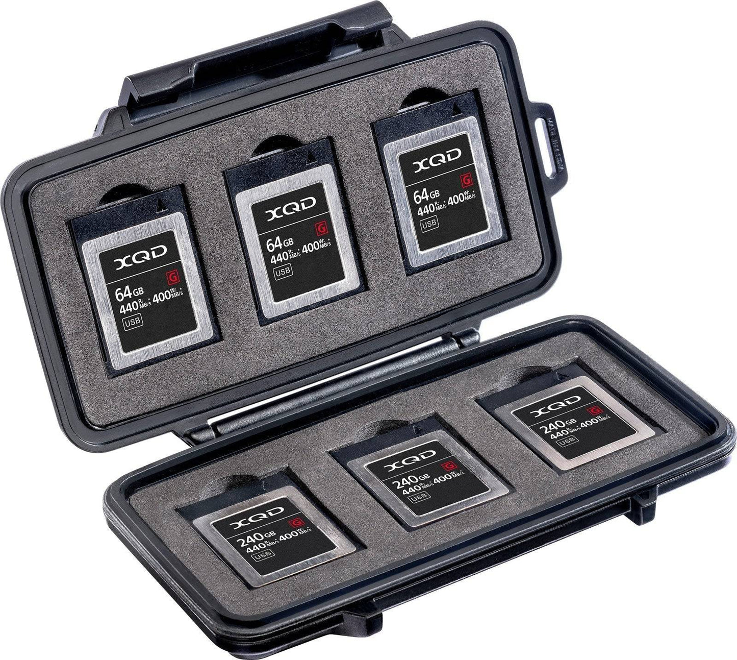 The 0965 PELI Micro™ Memory Card Case is a shock-absorbing, water-resistant CFexpress/XQD case that holds five XQD cards—three 64GB and two 240GB—each with 440MB/s read and 400MB/s write speeds.