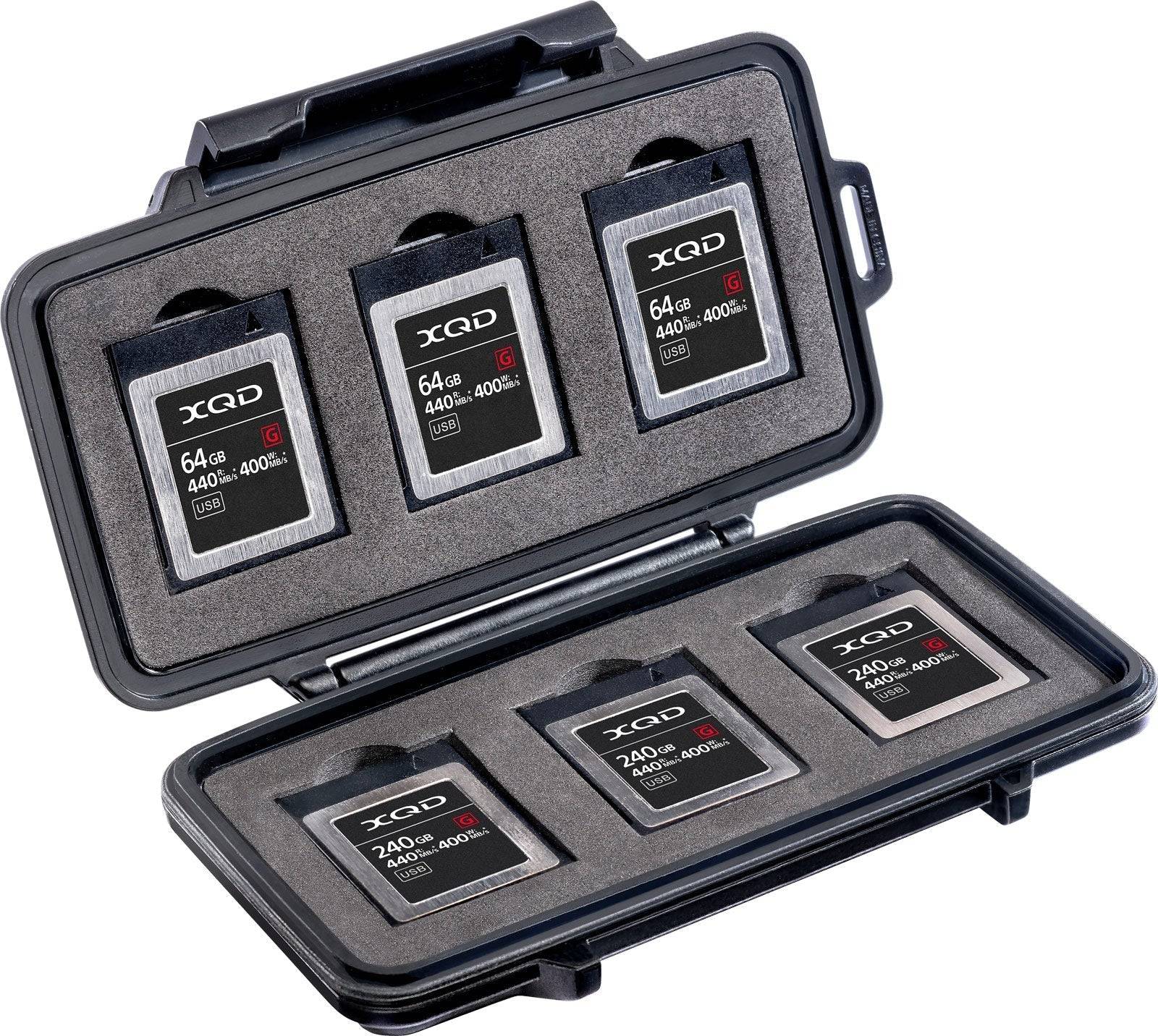 The 0965 PELI Micro™ Memory Card Case is a shock-absorbing, water-resistant CFexpress/XQD case that holds five XQD cards—three 64GB and two 240GB—each with 440MB/s read and 400MB/s write speeds.