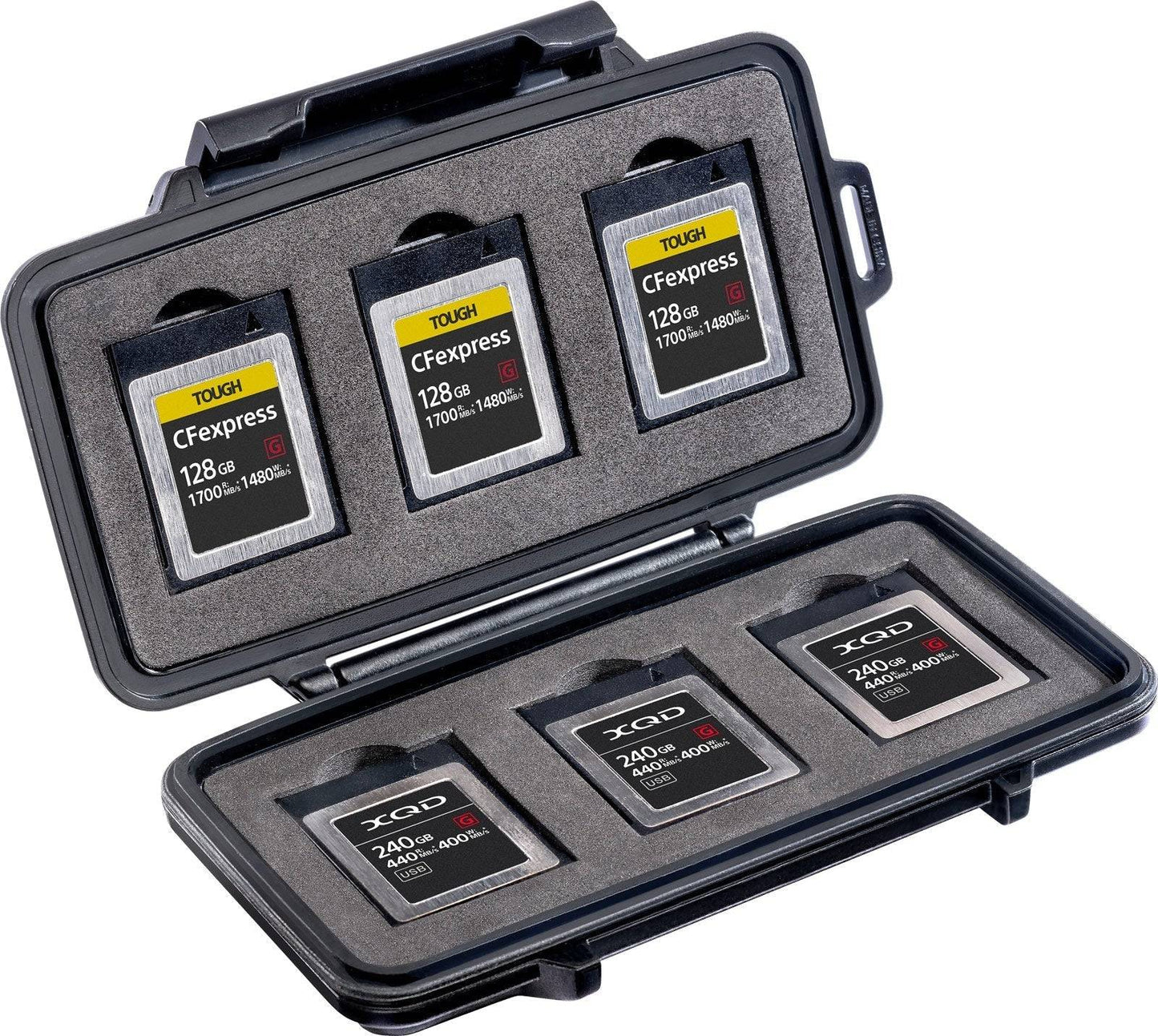 The 0965 PELI Micro™ Memory Card Case in black is water resistant and features shock-absorbing foam slots for four Sony CFexpress Type B and three Sony XQD memory cards.