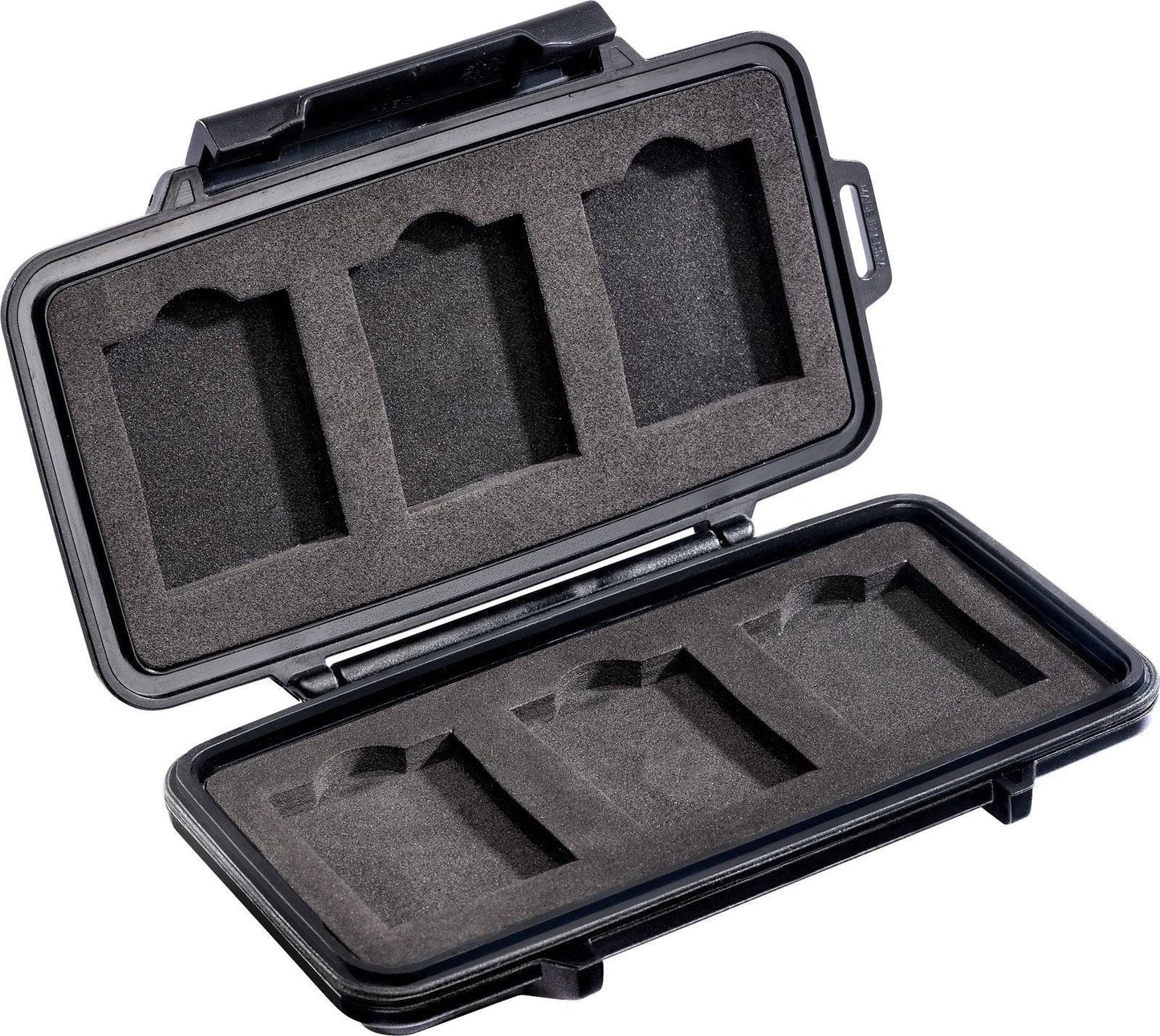 The 0965 PELI Micro™ Memory Card Case is a durable, hard plastic case with foam inserts and four rectangular slots to securely store memory cards or batteries while protecting them from shocks.