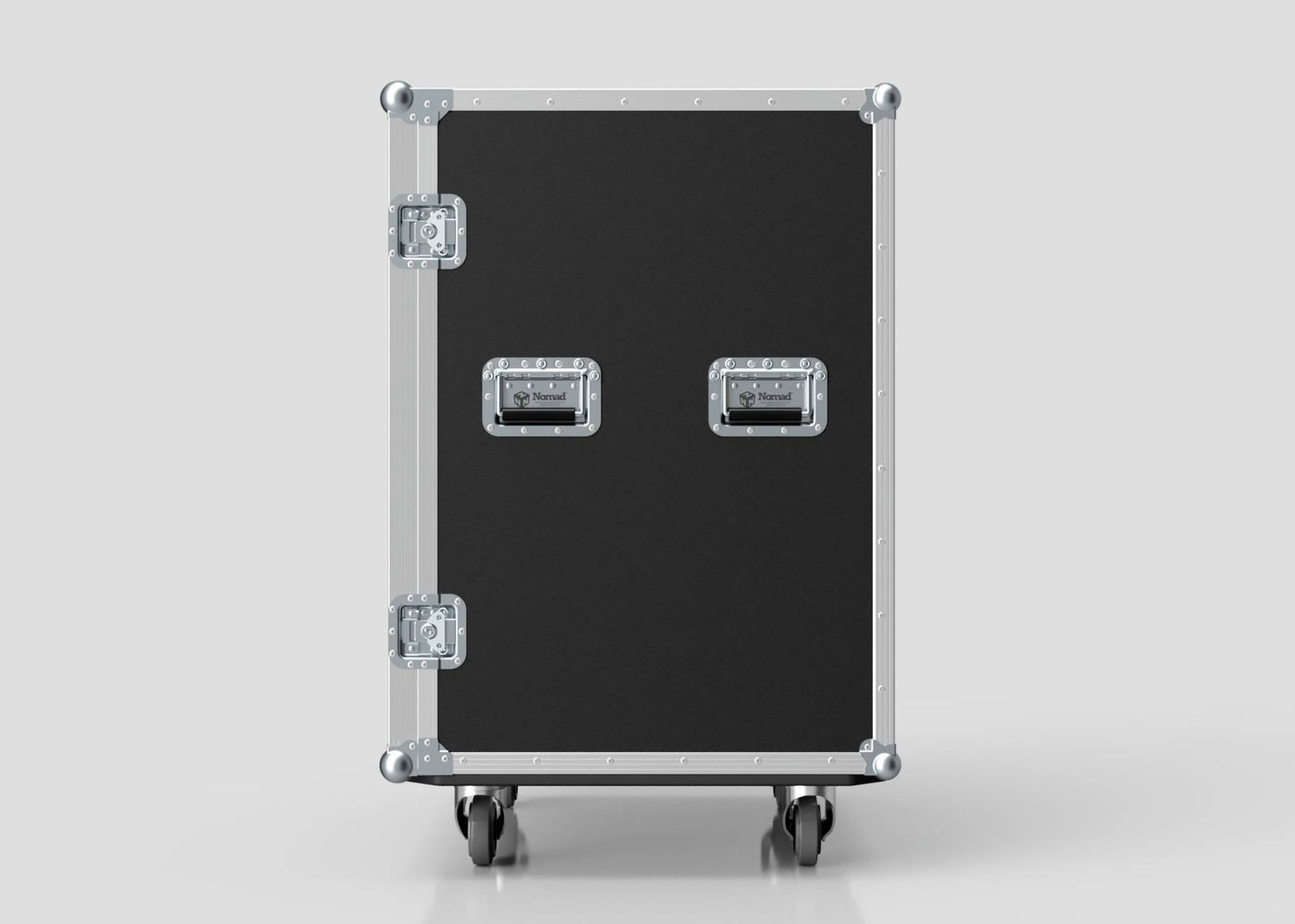 The 10 Way Poly Tray Case is a large black custom case with metal edges, front recessed handles, and durable hinges. Its exterior wipes clean easily, making it ideal for storing and transporting equipment.