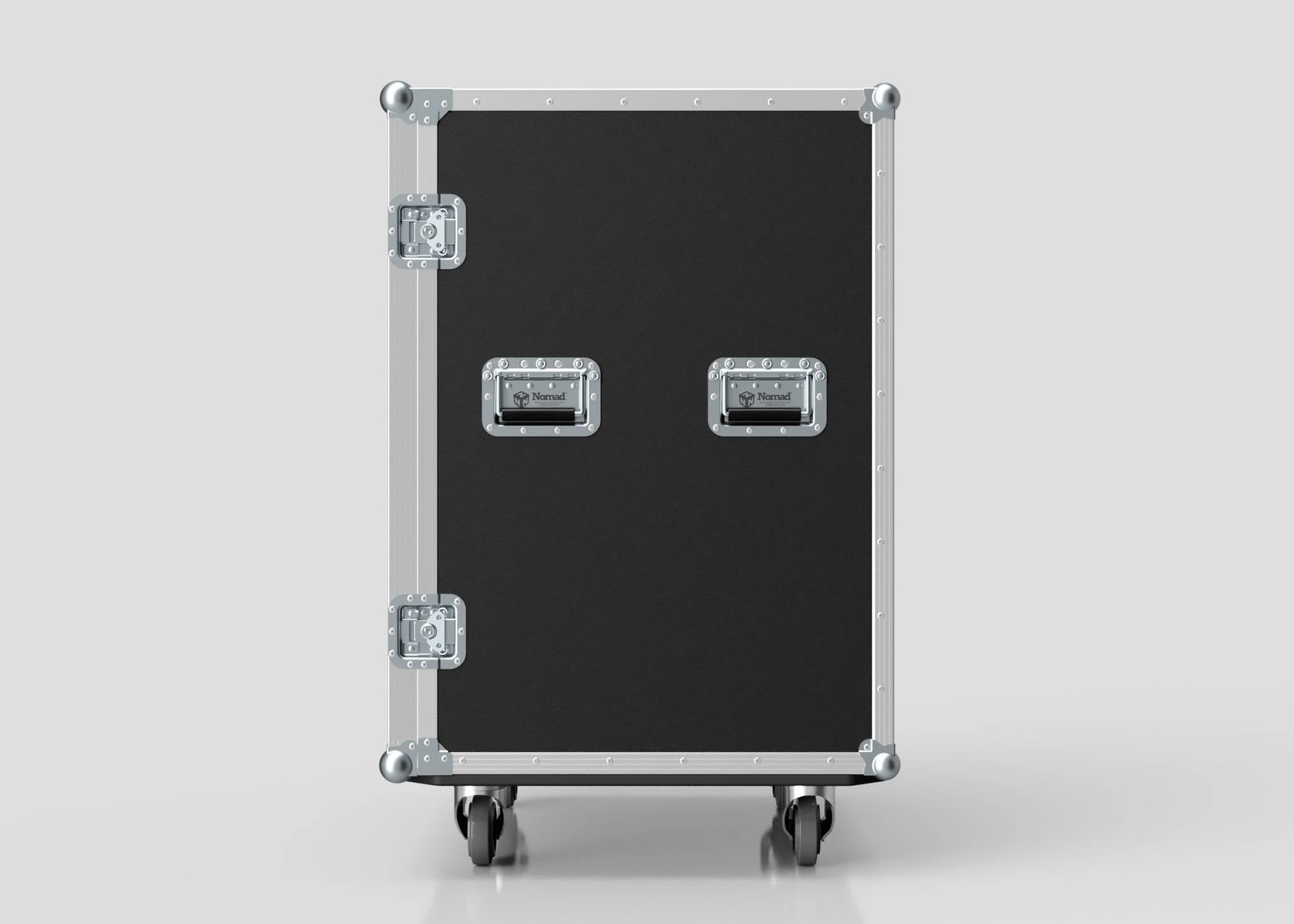 The 10 Way Poly Tray Case is a large black custom case with metal edges, front recessed handles, and durable hinges. Its exterior wipes clean easily, making it ideal for storing and transporting equipment.