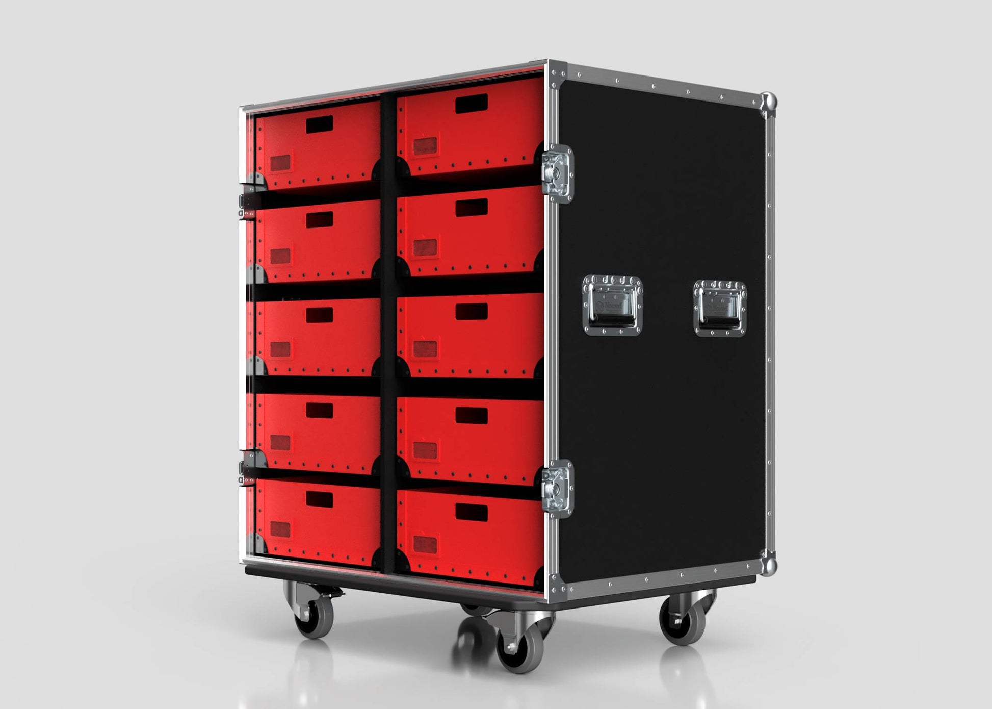The 10 Way Poly Tray Case is a black lightweight tote with ten red drawers, metal handles, and protective metal corner brackets, designed for easy cleaning and set against a plain background.