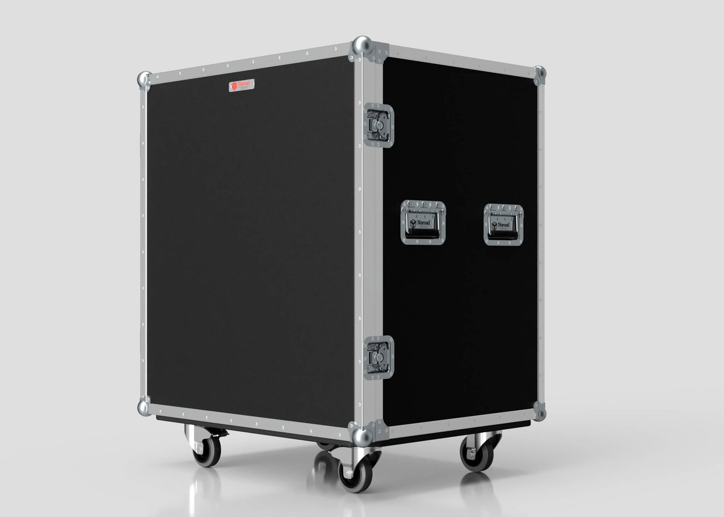 A 10 Way Poly Tray Case, large and black with metal edges, handles, and four caster wheels, stands against a plain light background.