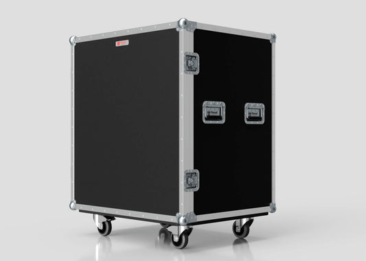 A 10 Way Poly Tray Case, large and black with metal edges, handles, and four caster wheels, stands against a plain light background.