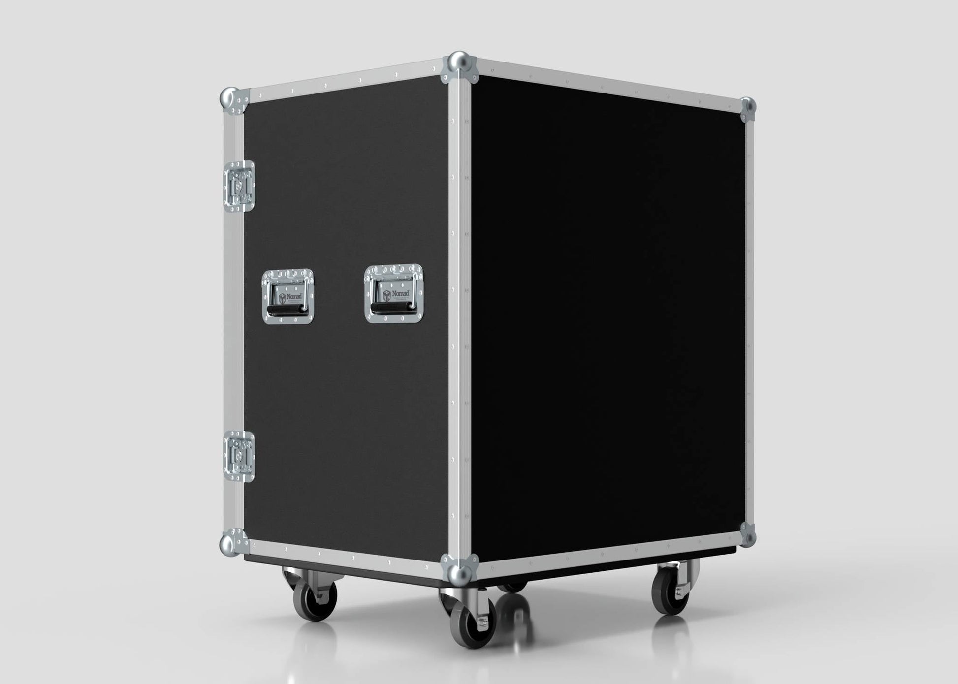 The 10 Way Poly Tray Case, a large black custom case with metal edges, handles, and caster wheels, stands against a white background. Its wipe-clean surface keeps it professional and event-ready.