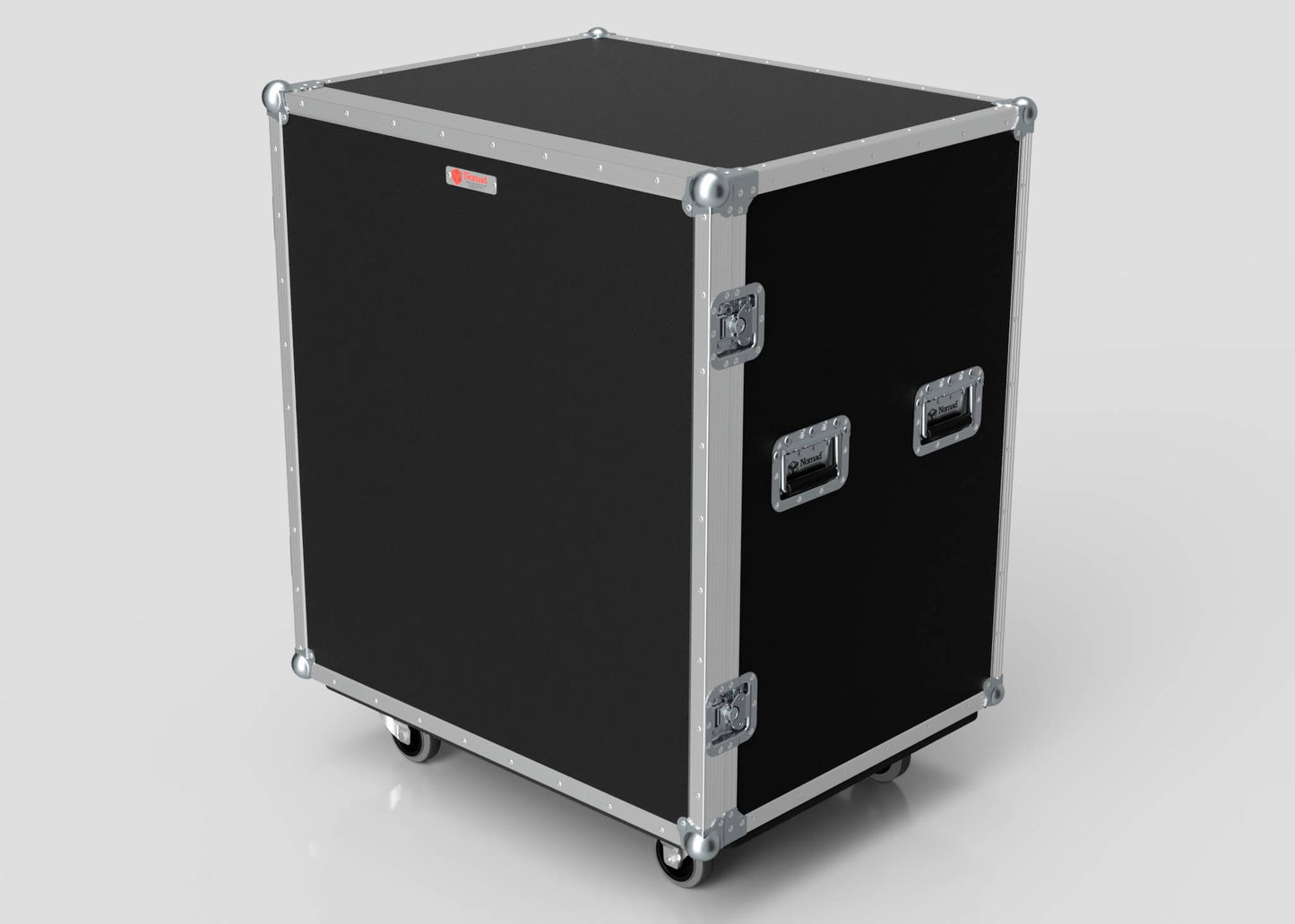 The 10 Way Poly Tray Case is a large black case with metal edges, two side handles, and four wheels, designed for easy wipe-clean maintenance and shown standing on a white background.