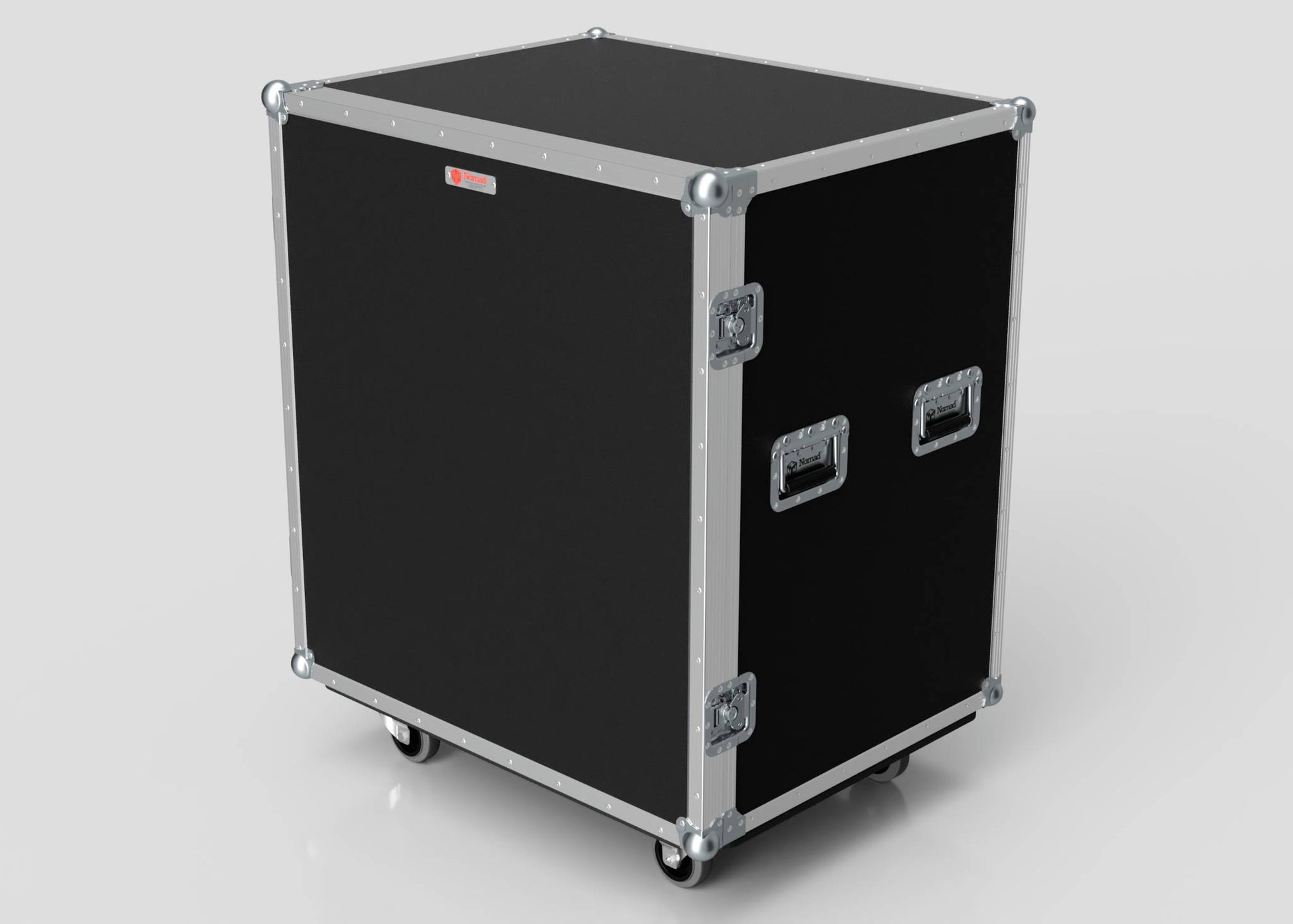 The 10 Way Poly Tray Case is a large black case with metal edges, two side handles, and four wheels, designed for easy wipe-clean maintenance and shown standing on a white background.