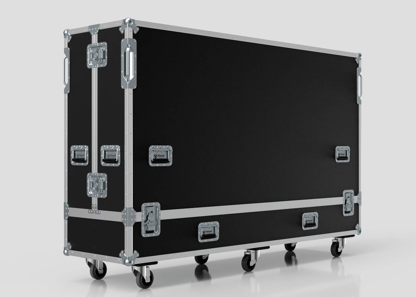 The 100" Double Screen Case is a large black equipment case with metal edges, handles, multiple latches, and six caster wheels, shown against a plain background.