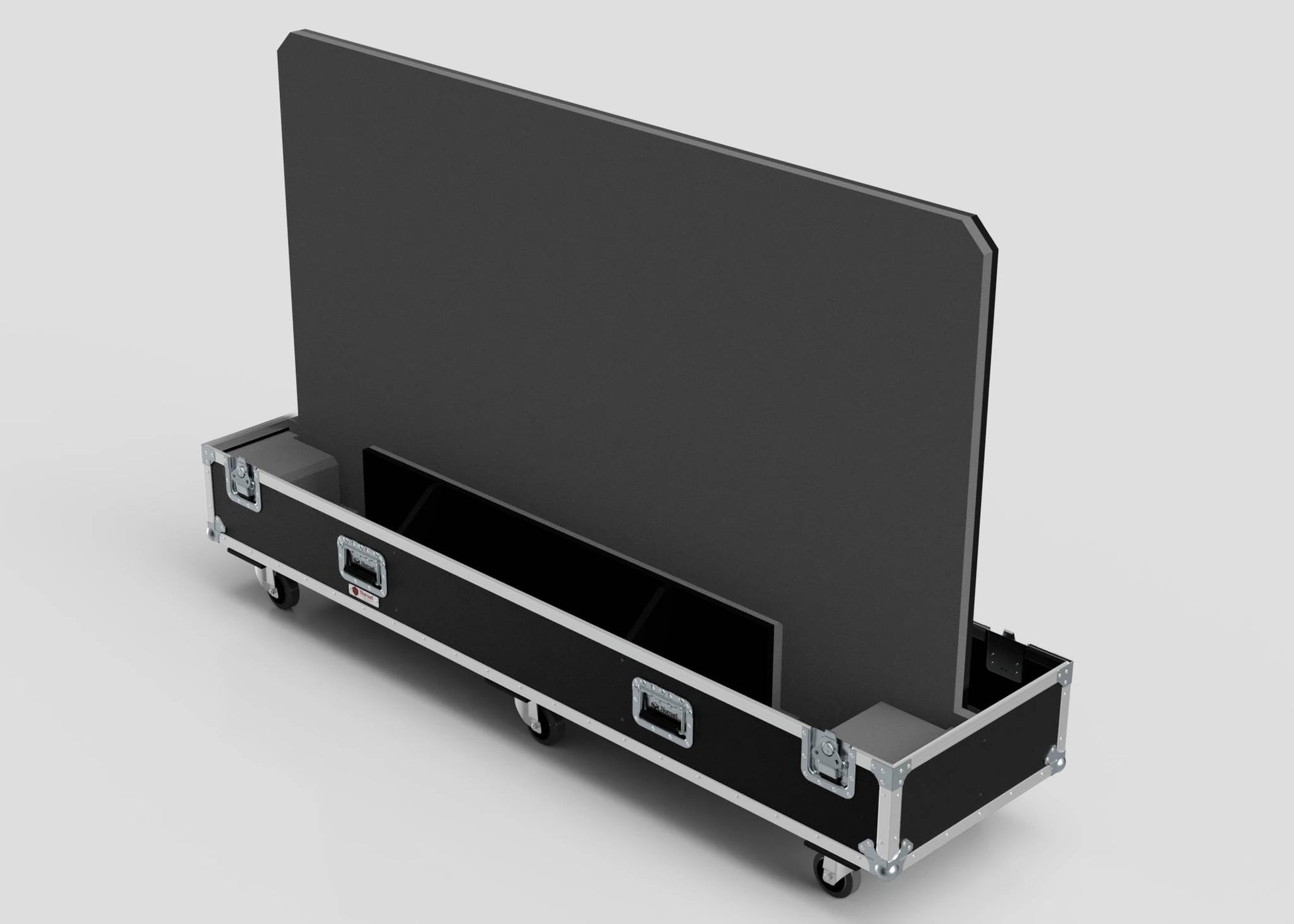 A 100" Double Screen Case, black with metal edges and handles, partially holds a large, flat electronic display for storage and transport.