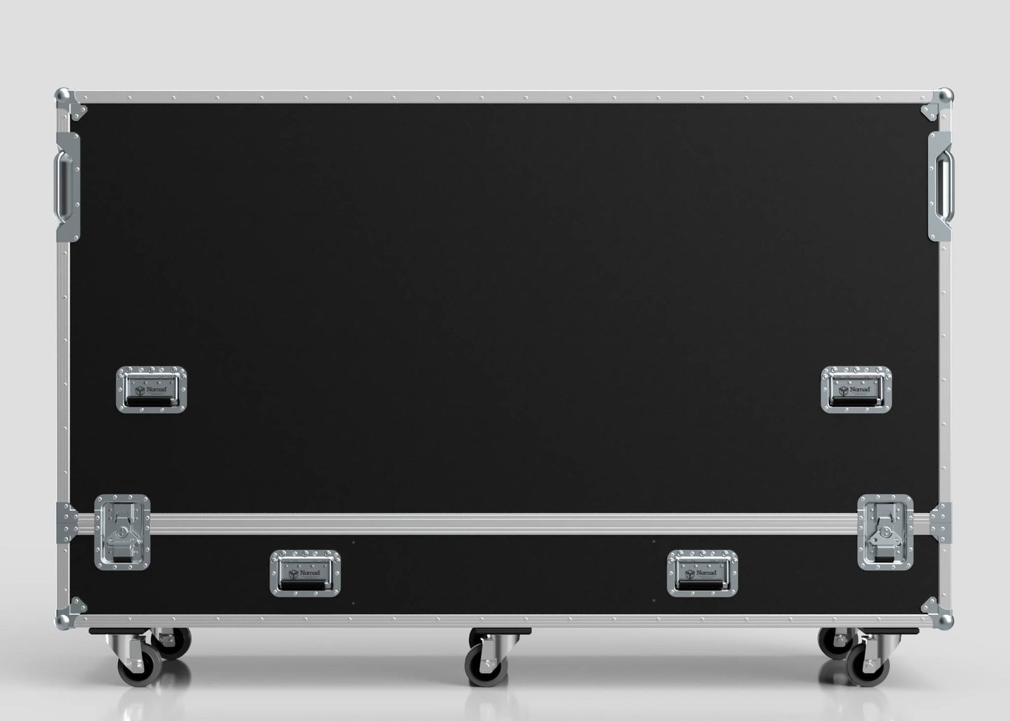 A 100" Single Screen Case in black, featuring metal edges, handles, and latches, is mounted on four caster wheels and set against a plain background.