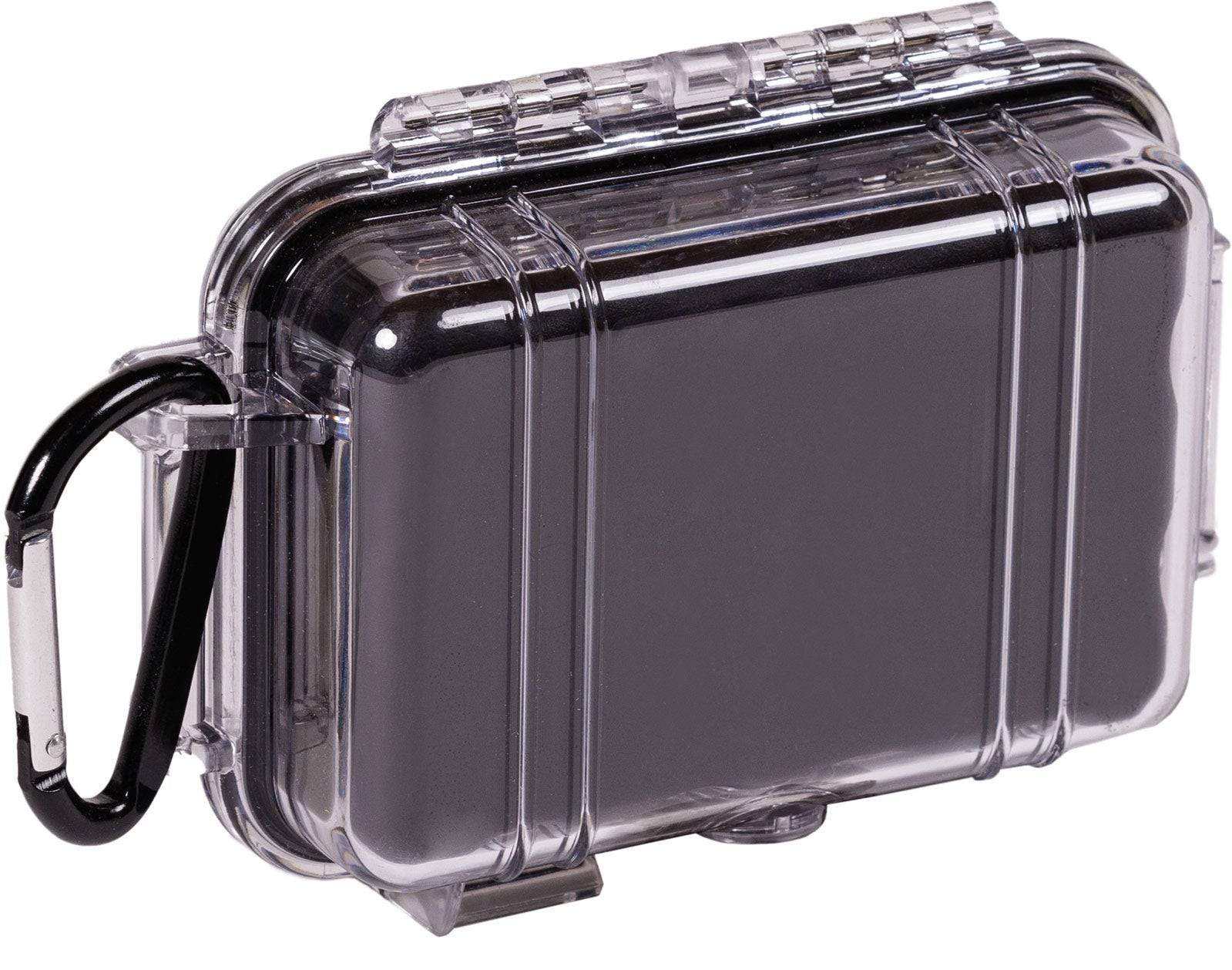 The 1010 PELI Micro™ Case is a durable, watertight, and dustproof protective case with a hard plastic build, transparent lid, black base, and a black carabiner for secure storage on the go.