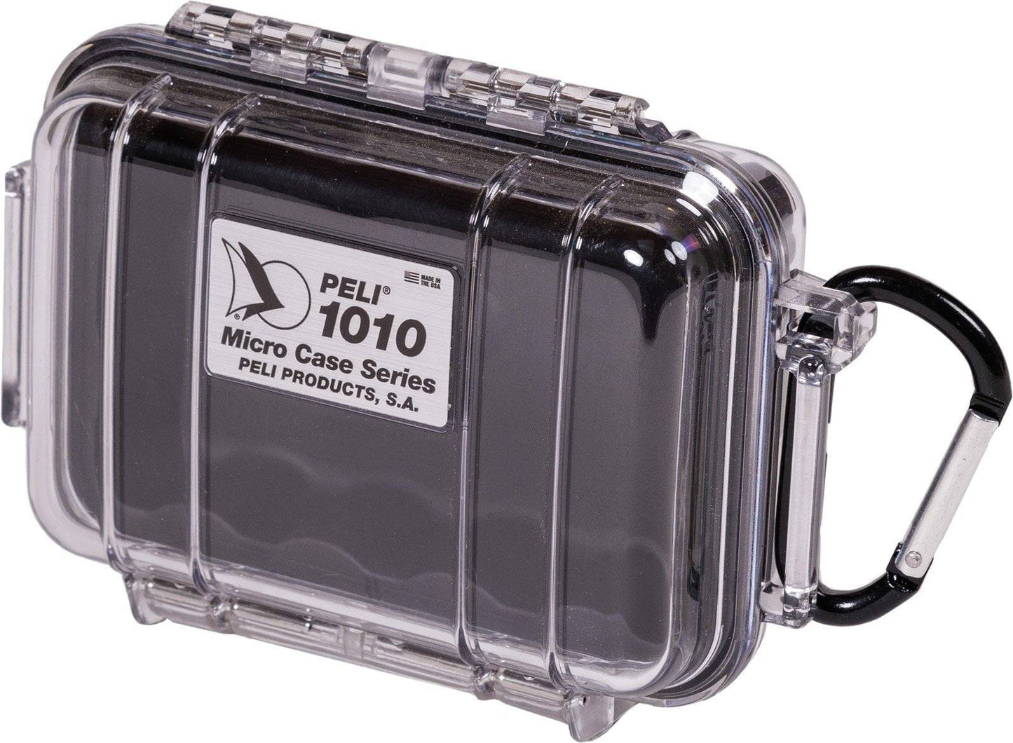 The 1010 PELI Micro™ Case is a transparent hard plastic case with a black interior, attached black carabiner, and front label. This crushproof case offers reliable protection for your valuables.