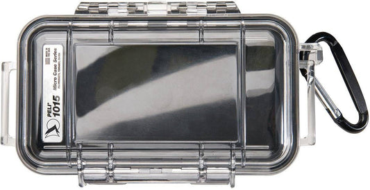 A clear 1015 PELI Micro™ Case with a black carabiner attached to the side, displayed from above on a white background.