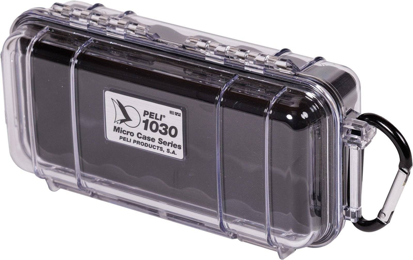 The 1030 PELI Micro™ Case is a clear hard plastic case with a black liner and metal carabiner, offering crushproof protection for your valuables on the go.