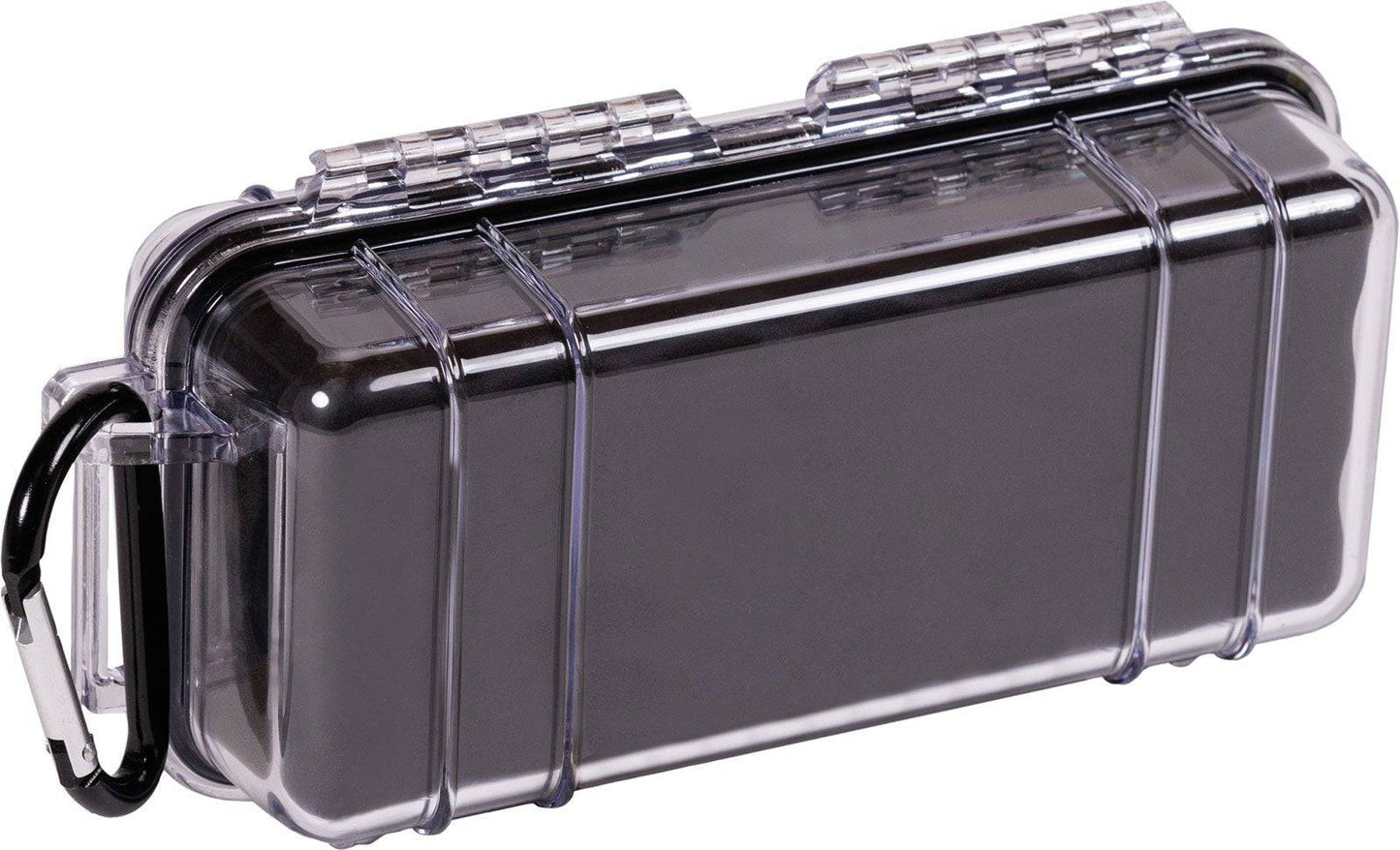 The 1030 PELI Micro™ Case is a clear, crushproof hard case with a hinged lid, watertight seal, and black carabiner—perfect for keeping your essentials protected.