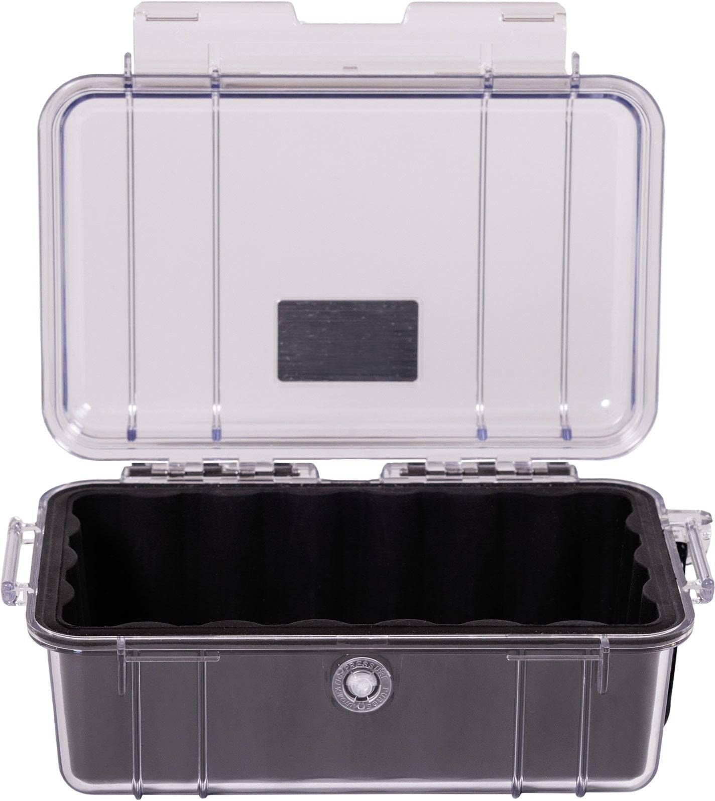 The 1050 PELI Micro™ Case is a clear, hard plastic crushproof case with a foam interior and hinged lid, shown open.