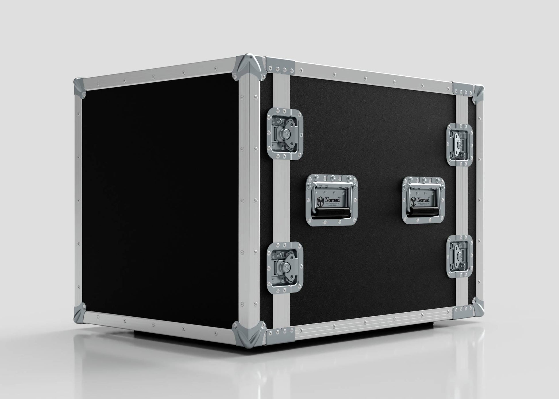 10U Foam Shock Mounted 19" Rack Case in black and silver with reinforced metal edges and four latches, shown on a plain light background.