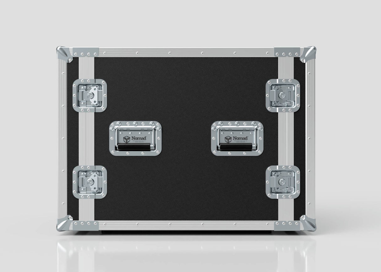 A 10U Foam Shock Mounted 19" Rack Case in black and silver with reinforced metal corners and latches, set against a plain light background.