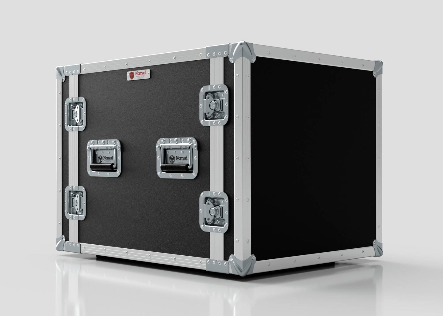 The 10U Foam Shock Mounted 19" Rack Case features a large black and silver design with metal reinforcements and latches, shown resting on a reflective surface against a plain background.