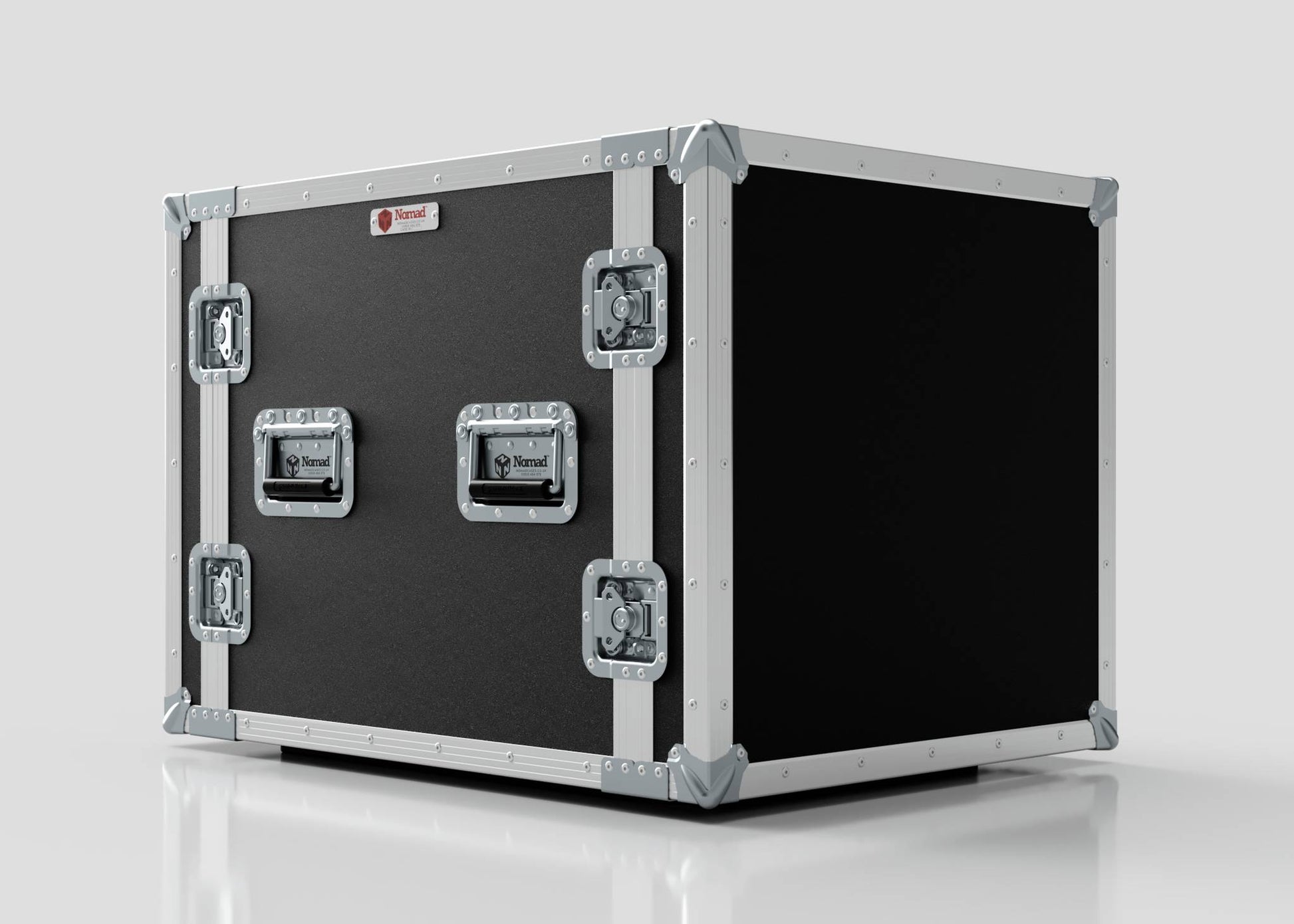 The 10U Foam Shock Mounted 19" Rack Case features a large black and silver design with metal reinforcements and latches, shown resting on a reflective surface against a plain background.