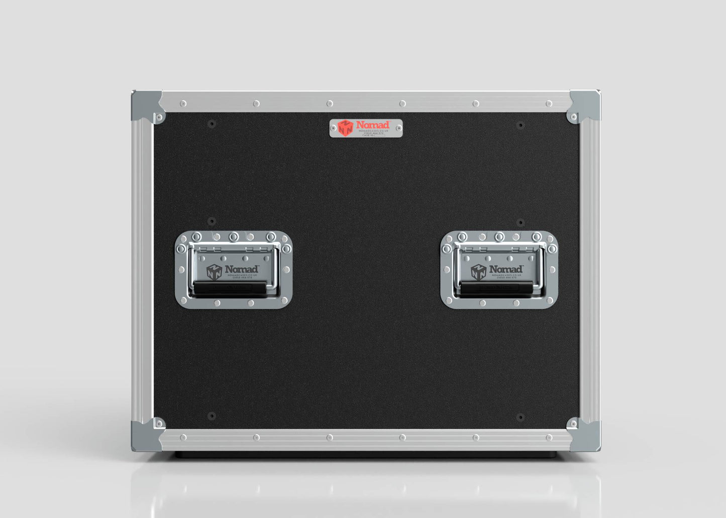 The 10U Slam Rack Case is a black and silver hard equipment case with two metal handles, reinforced corners, and external dimensions of 643 x 561 x 514 mm, shown against a plain light background.