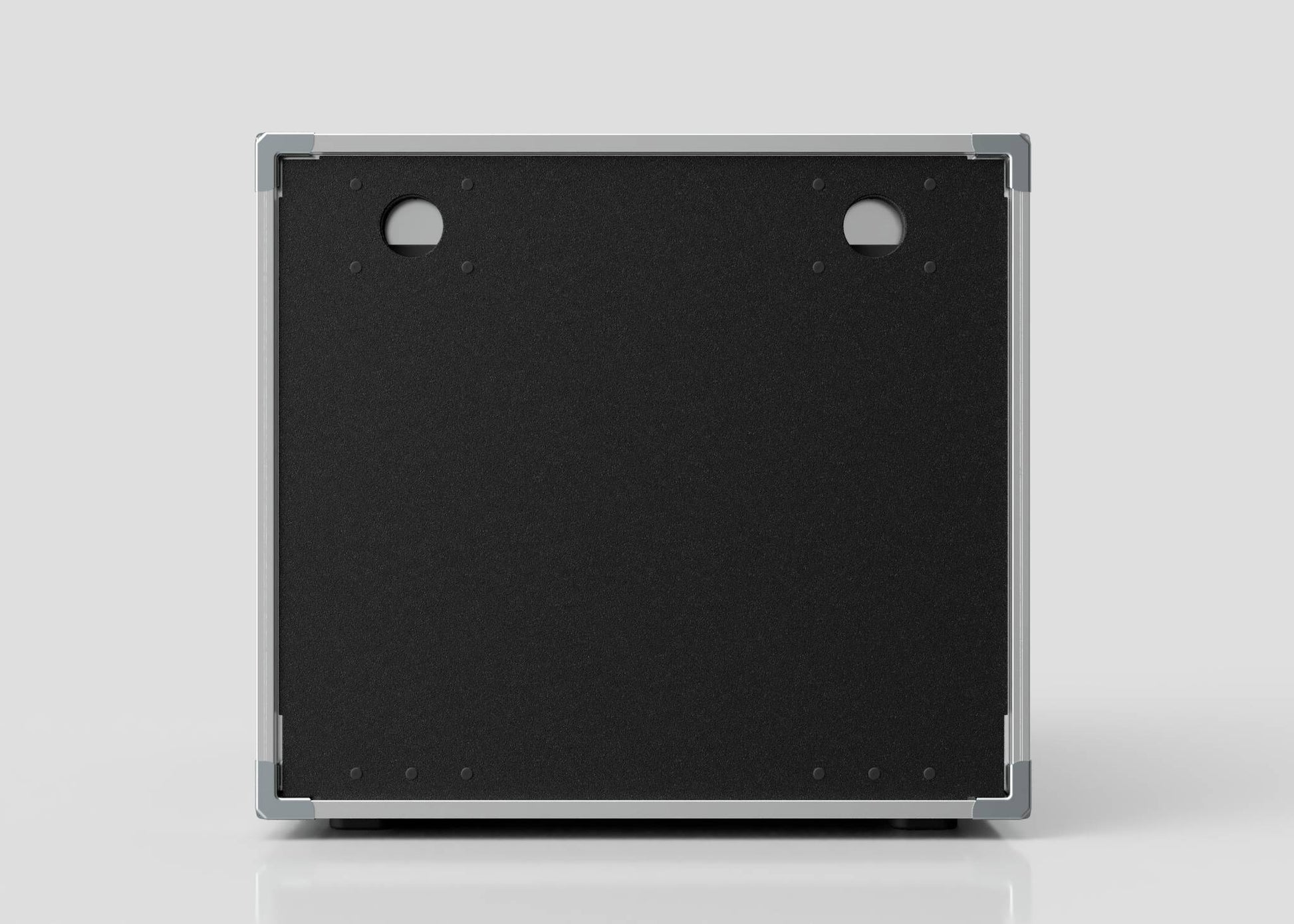 A 10U Slam Rack Case is displayed against a plain light background. It has a rectangular black panel with two circular holes near the top corners, a silver border, and external dimensions of 643 x 561 x 514 mm.