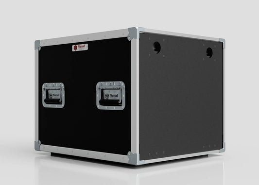 The 10U Slam Rack Case is a black and silver rectangular equipment case with metal corner protectors, two side handles, and external dimensions of 643 x 561 x 514 mm, shown against a plain light background.