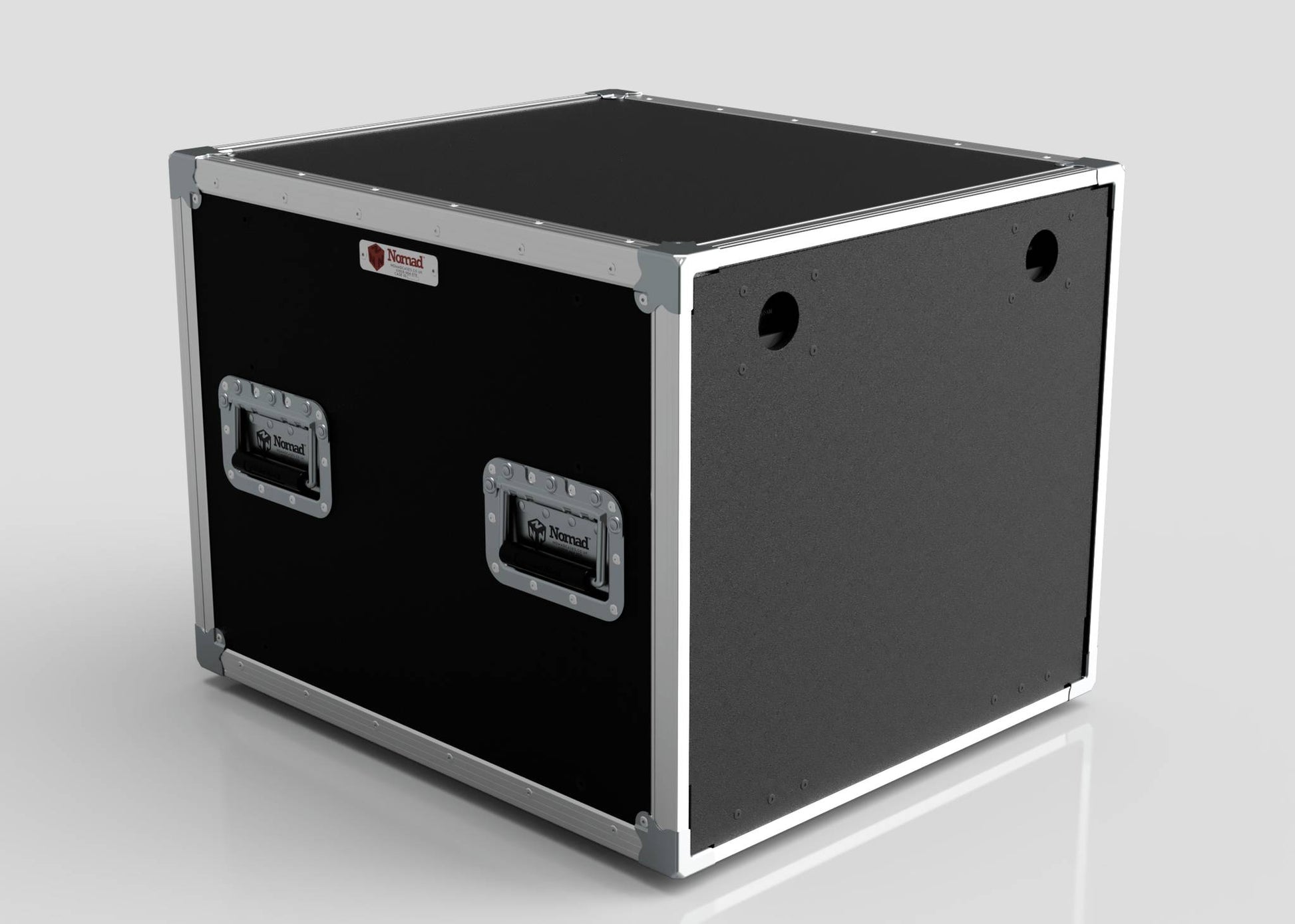 10U Slam Rack Case: Black rectangular road case with metal edges, two side handles, and reinforced corners, shown against a plain light background. External dimensions: 643 x 561 x 514 mm.
