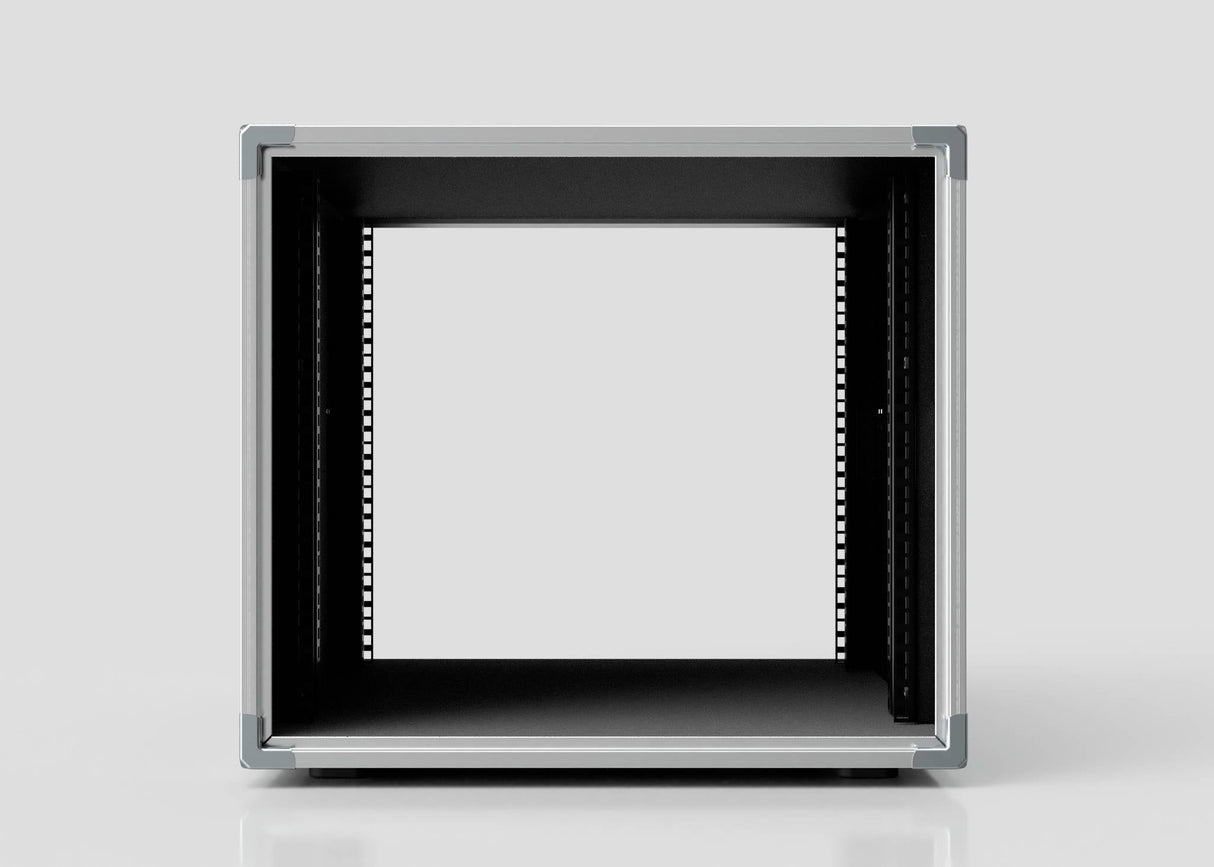 Front view of an empty, open 10U Slam Rack Case with black interior and silver edges, designed for electronic or audio equipment. External dimensions: 643 x 561 x 514 mm.
