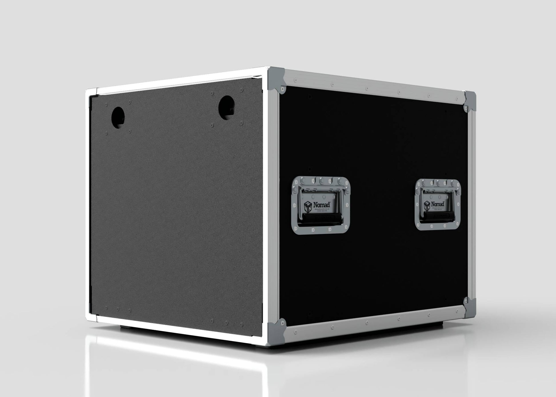 The 10U Slam Rack Case is a black rectangular flight case with metal corners, two recessed side handles, and two round holes on the front panel. It rests on a white reflective surface; its external dimensions are 643 x 561 x 514 mm.