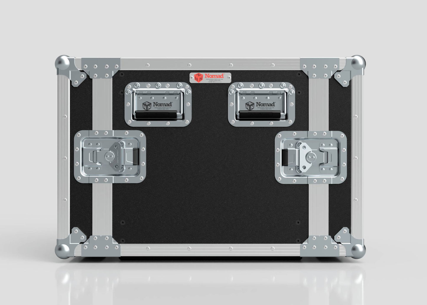 The 10U Standard Rack Case is a black and silver rack mount case with metal reinforcements, two latches, and Nomad branding on the front, designed to securely house your equipment rack.