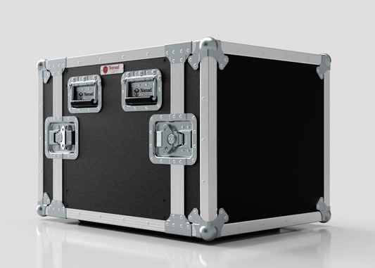 The 10U Standard Rack Case is a black and silver rack mount case with metal-reinforced corners, handles, and latches, designed for secure storage or transport of equipment.